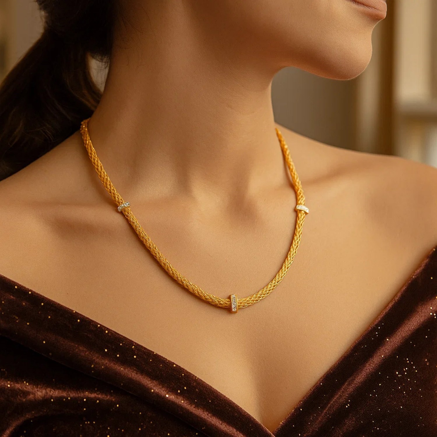 Woven Rope Necklace with Diamond Accents in 14k Yellow Gold - Image 2