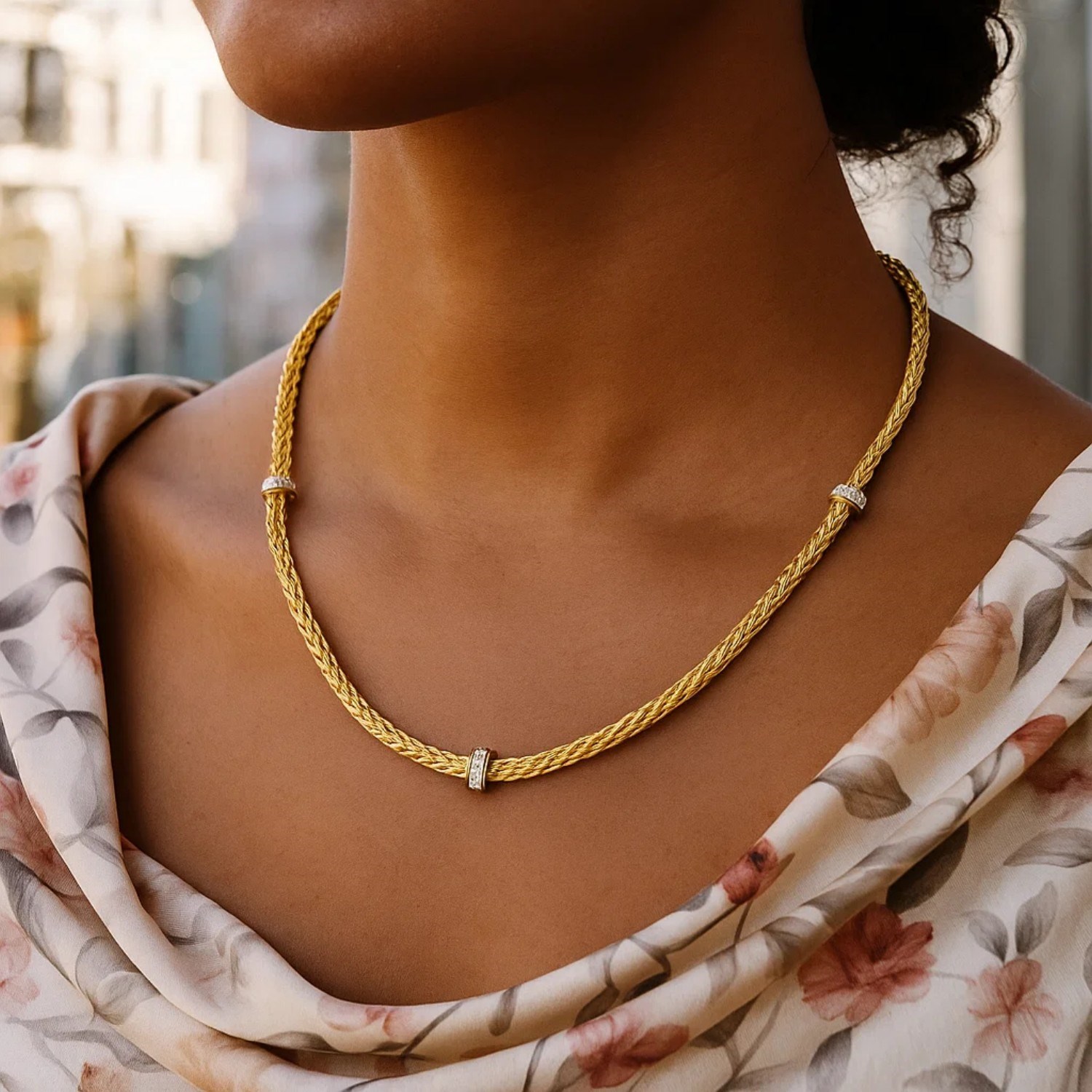 Woven Rope Necklace with Diamond Accents in 14k Yellow Gold - Image 3