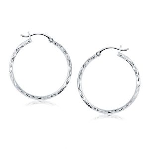 14k White Gold Diamond Cut Hoop Earrings(2x30mm)