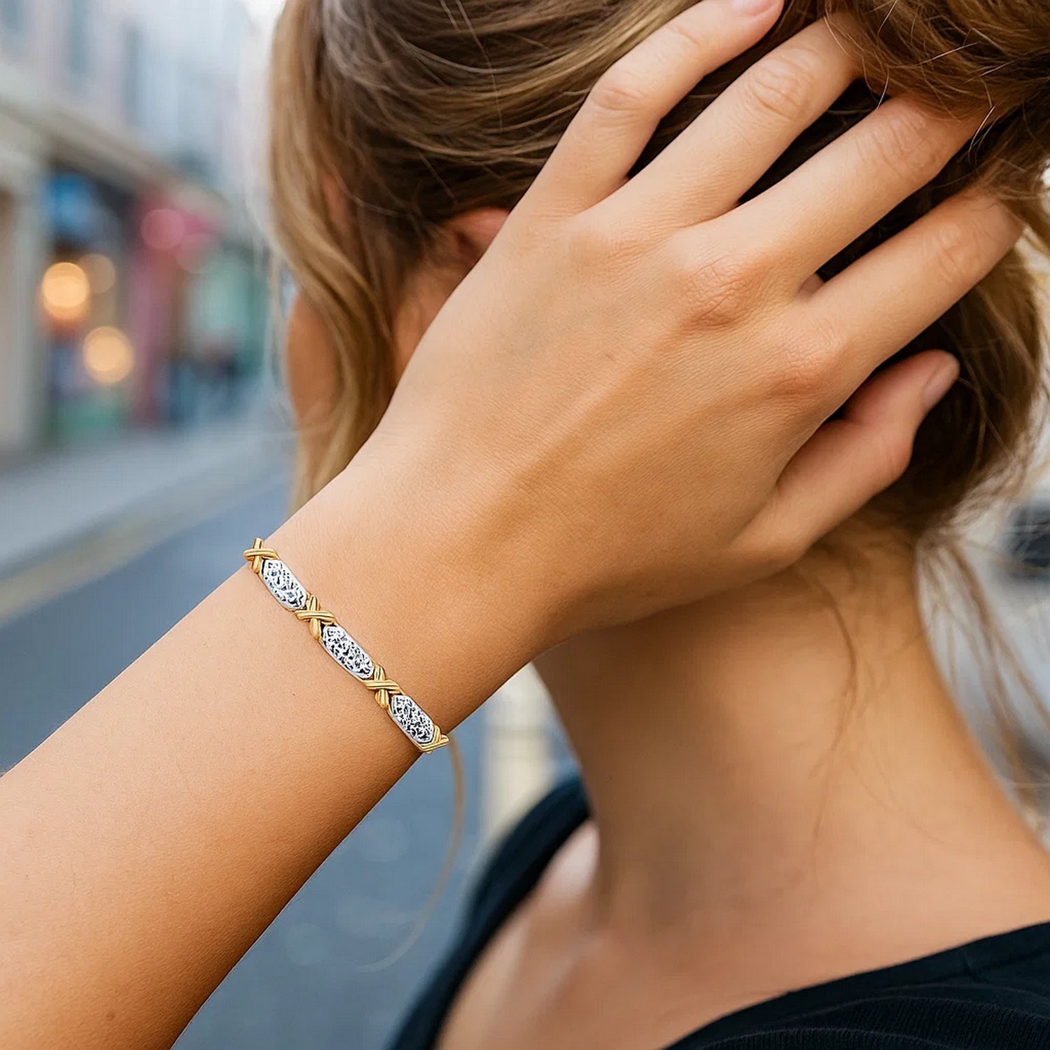 14k Two-Tone Gold Fancy X Line Bracelet (4.80 mm) - Image 4