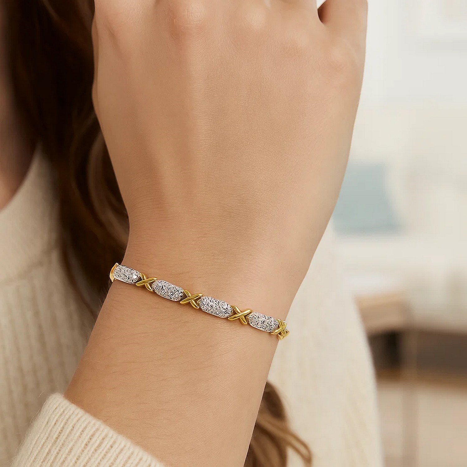 14k Two-Tone Gold Fancy X Line Bracelet (4.80 mm) - Image 5