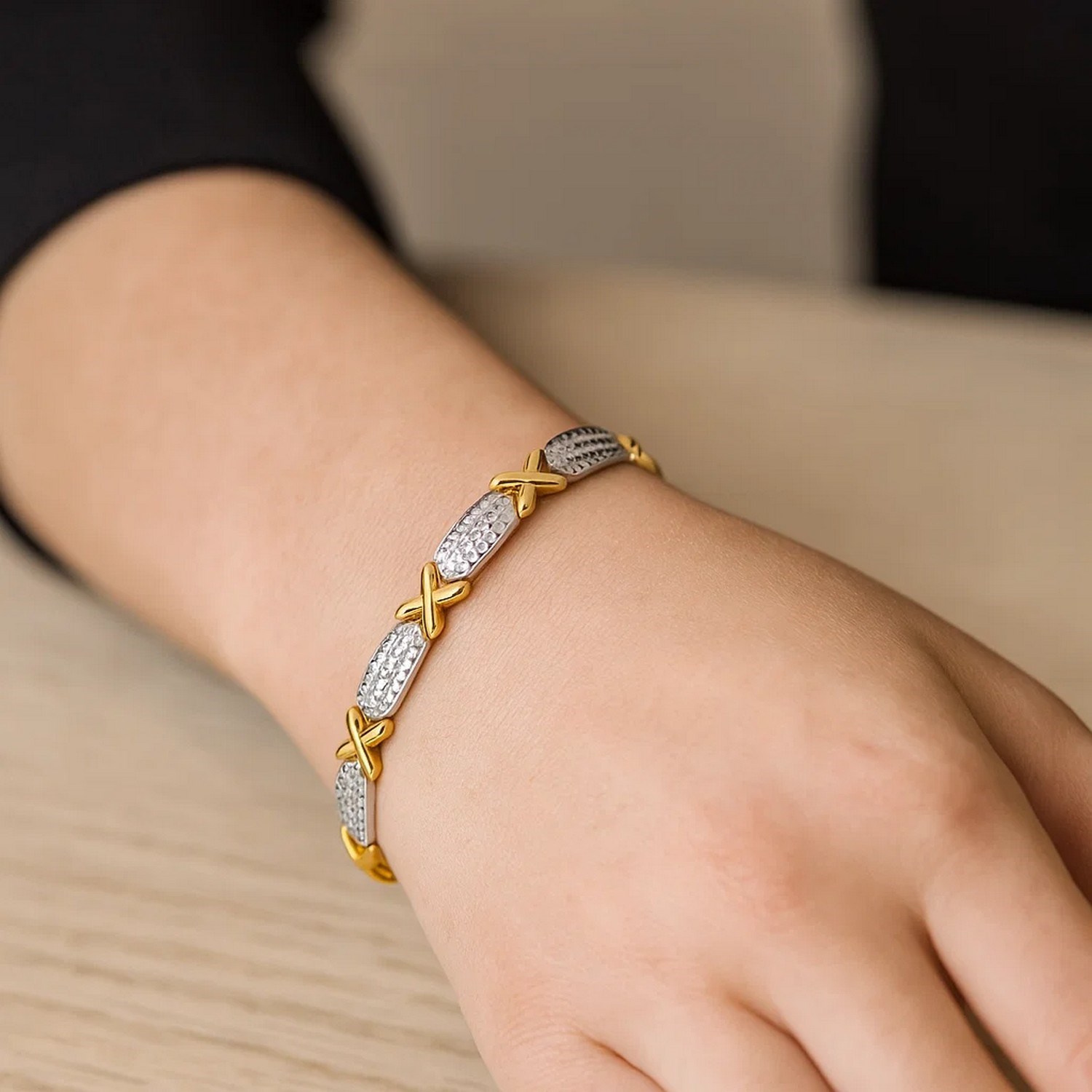 14k Two-Tone Gold Fancy X Line Bracelet (4.80 mm) - Image 6