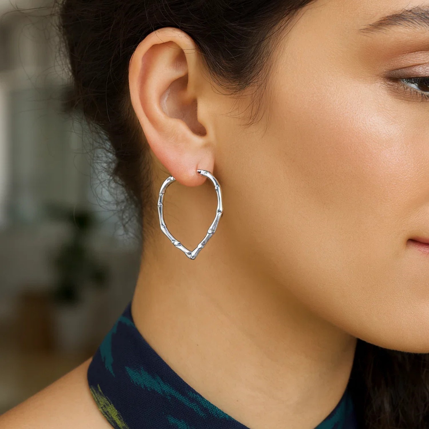 Sterling Silver Rhodium Plated Heart Bamboo Hoop Earrings - Image 2