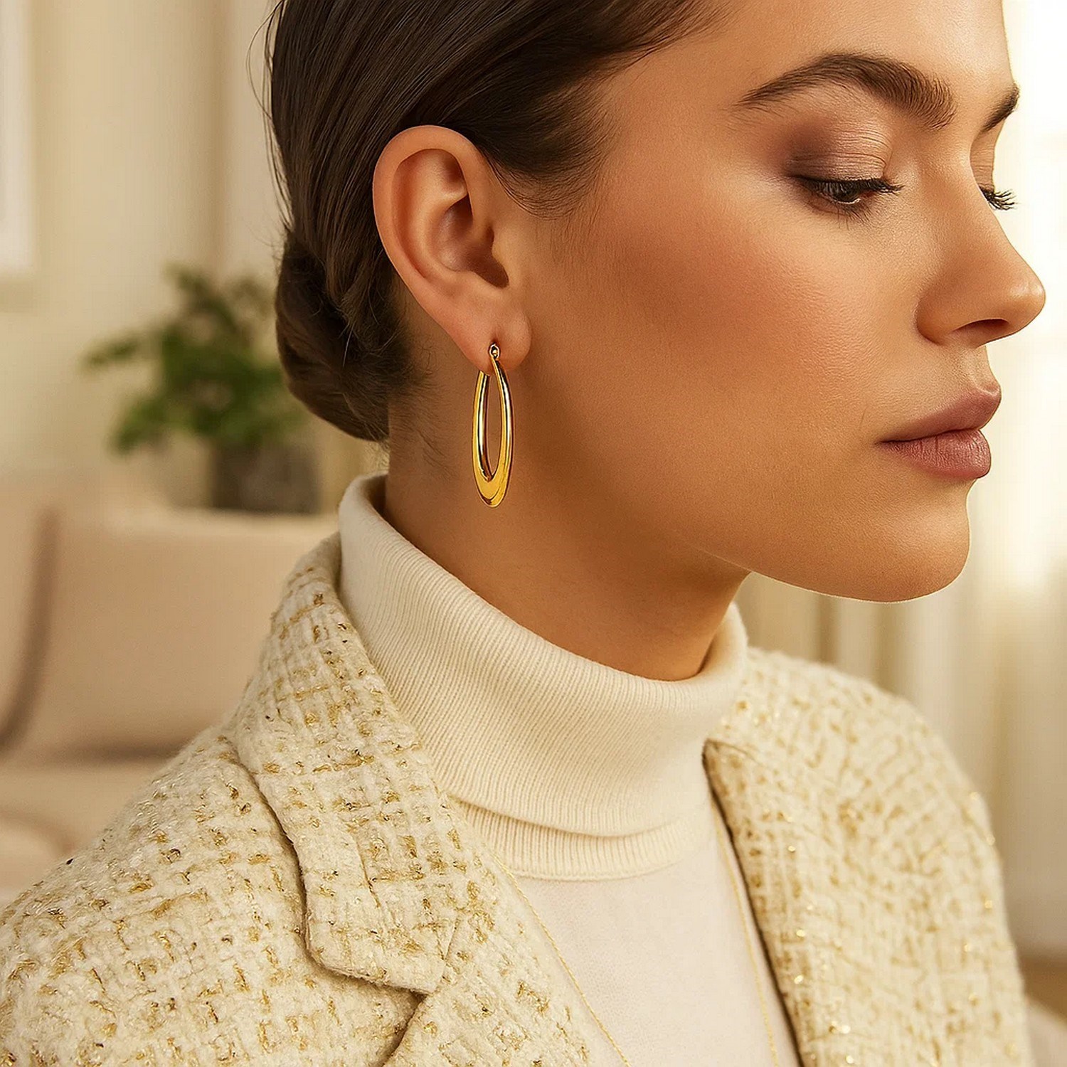 14k Yellow Gold Puffed Graduated Open Oval Earrings - Image 2