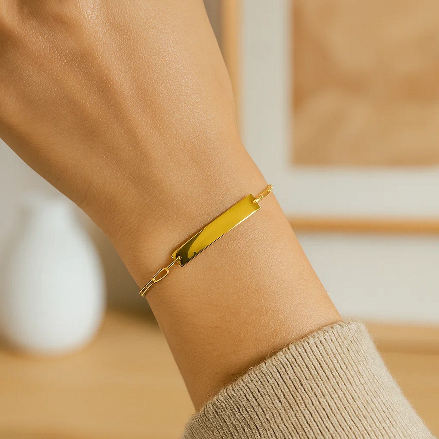 14k Yellow Gold 7 inch Paperclip Chain Bracelet with Bar (2.10 mm) - Image 3