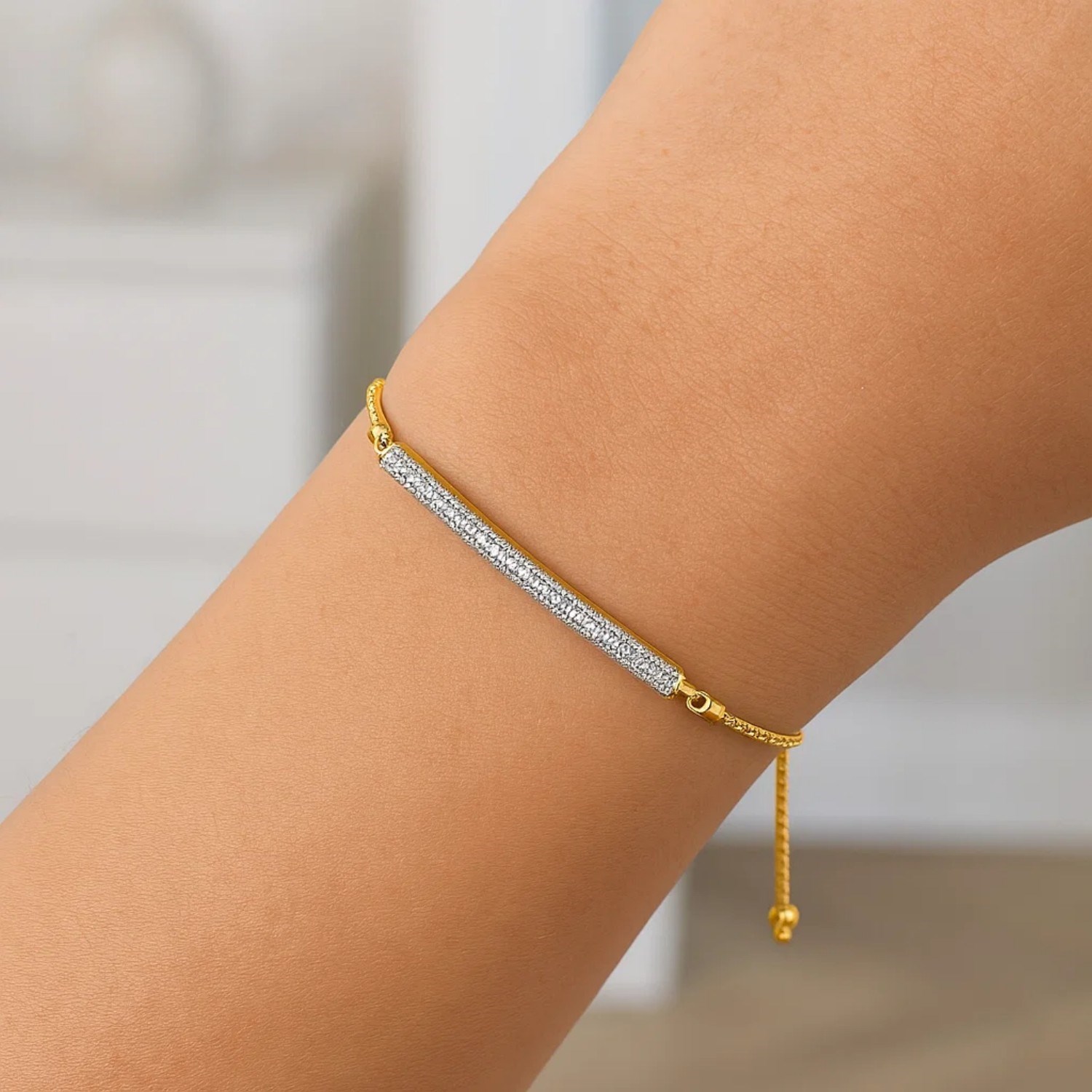 14k Yellow Gold Adjustable Bracelet with Textured Bar and Diamonds - Image 2
