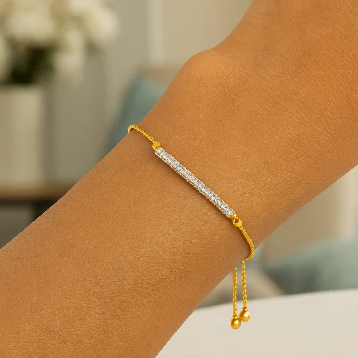 14k Yellow Gold Adjustable Bracelet with Textured Bar and Diamonds - Image 3