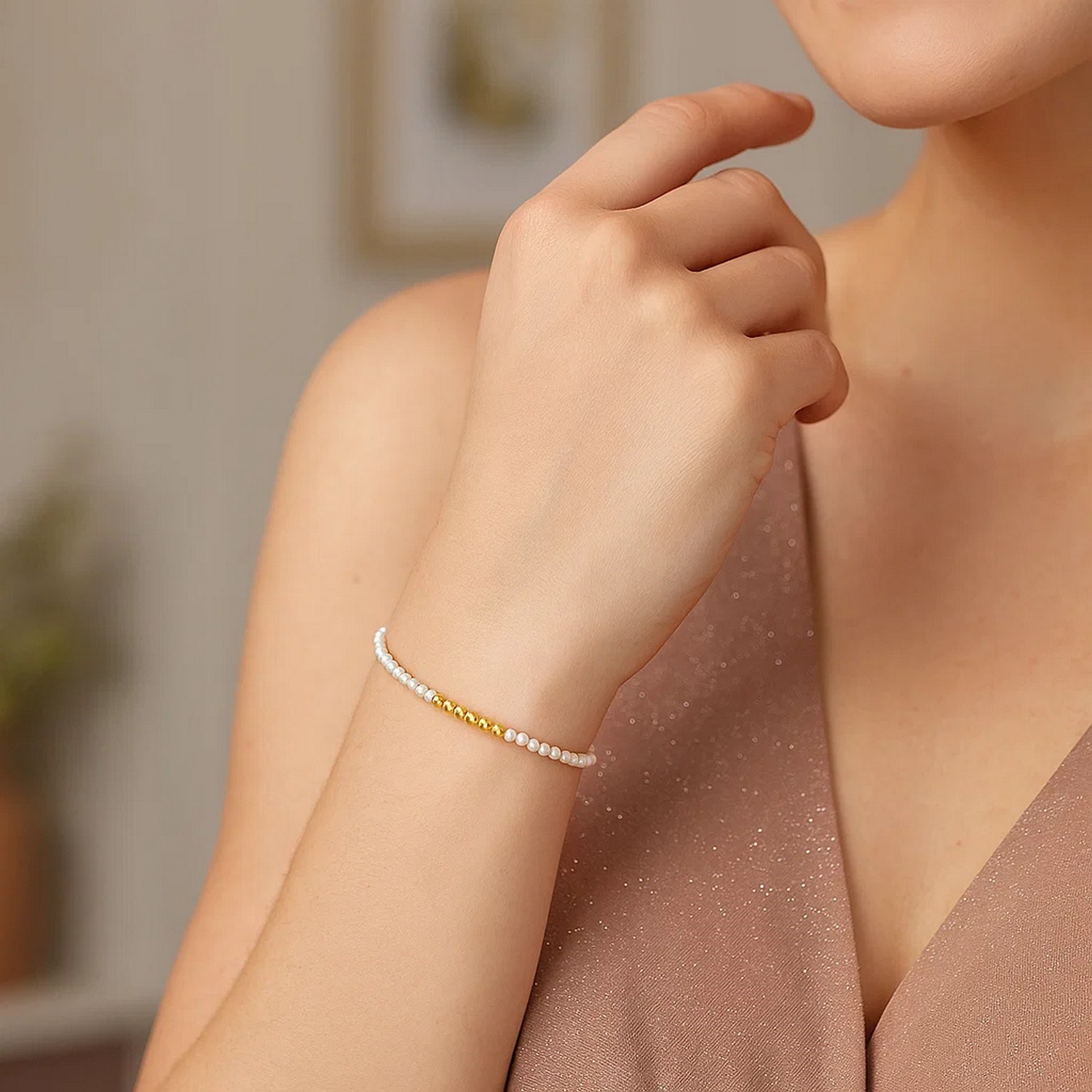 14k Yellow Gold High Polish Freshwater Pearl Pallina Bead Bracelet (2.00 mm) - Image 4