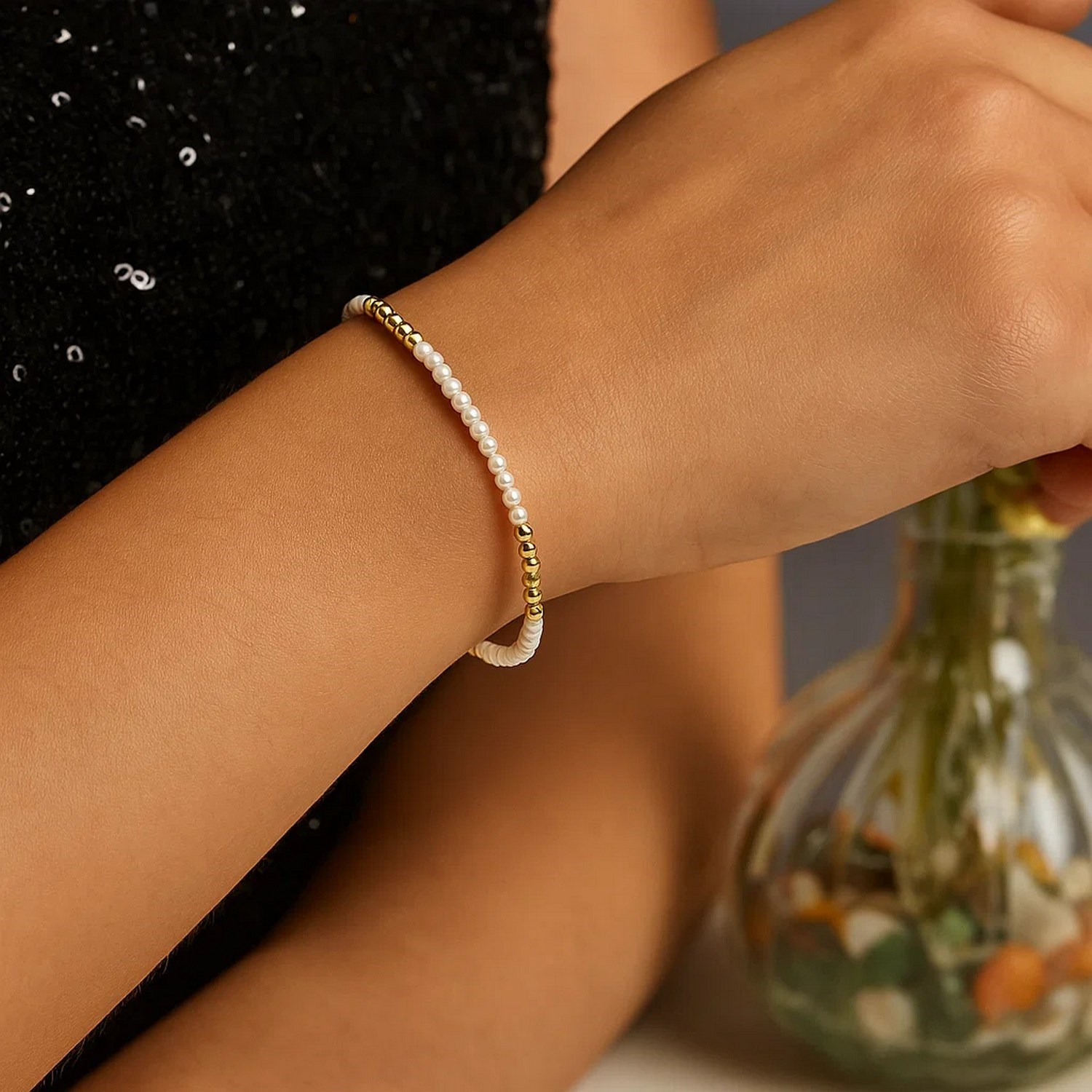 14k Yellow Gold High Polish Freshwater Pearl Pallina Bead Bracelet (2.00 mm) - Image 6