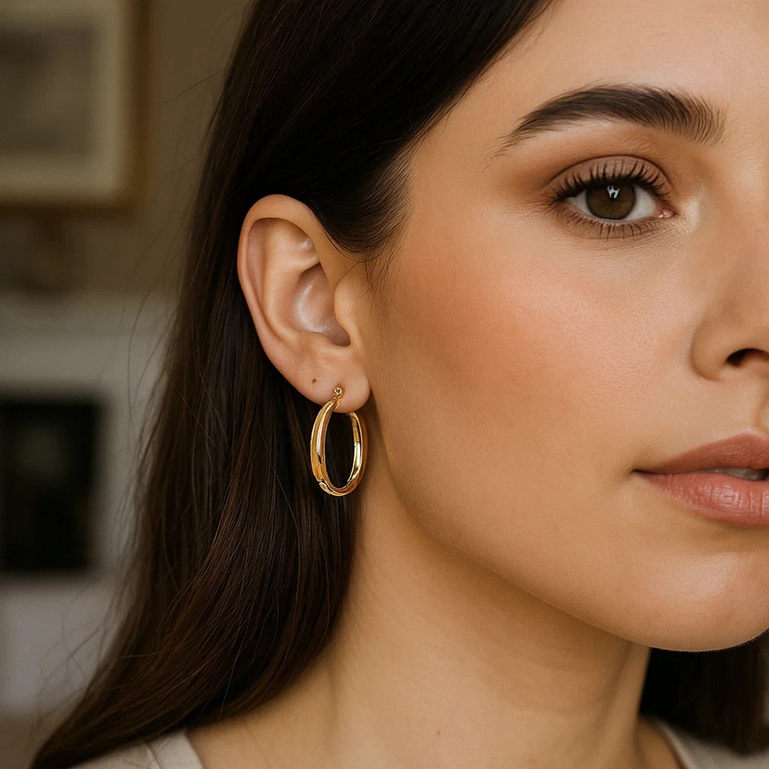 14K Yellow Gold Oval Back to Back Hoop Earrings - Image 2