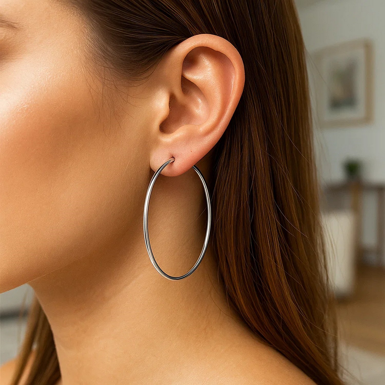 14k White Gold Polished Hoop Earrings (2x60mm) - Image 4