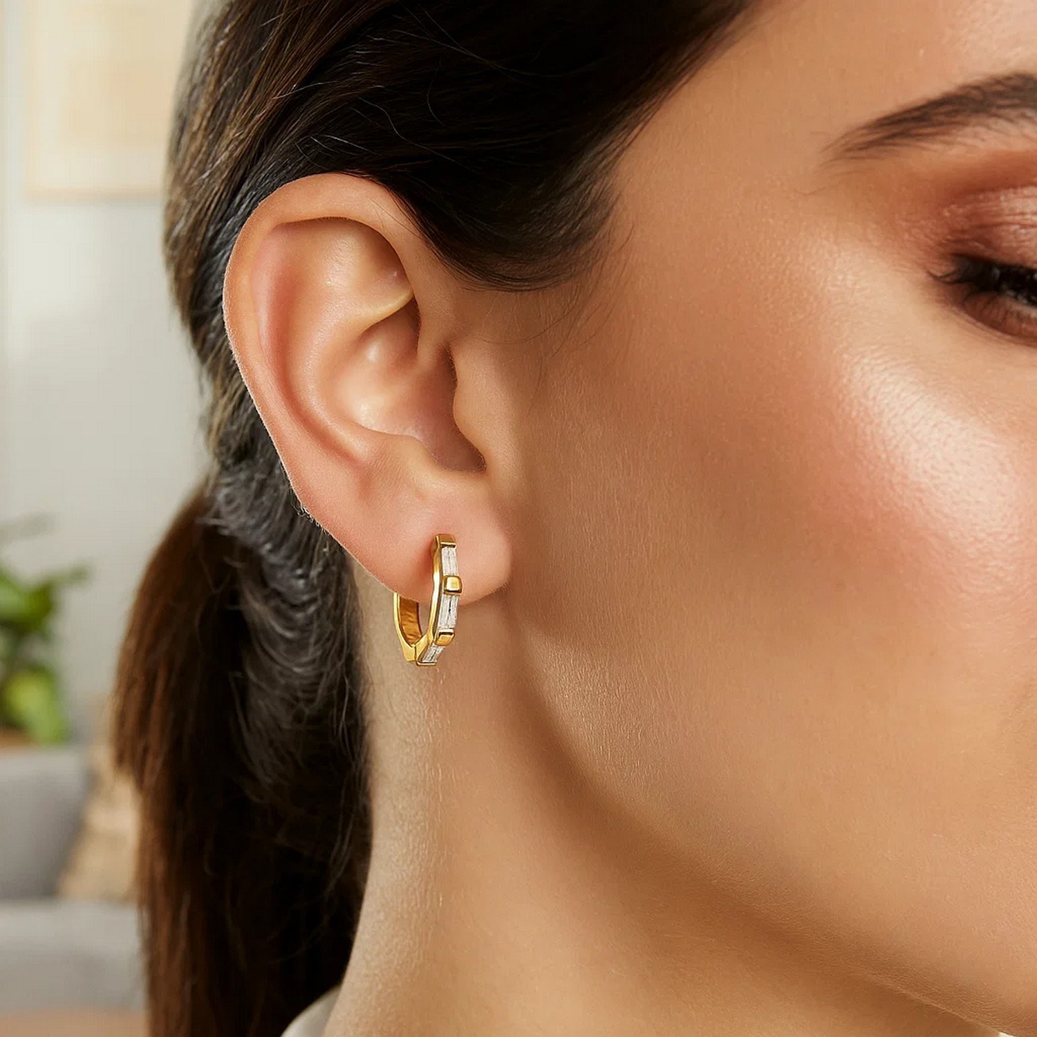 14k Yellow Gold Petite Octagonal Hoop Earrings with Cubic Zirconias - Image 2
