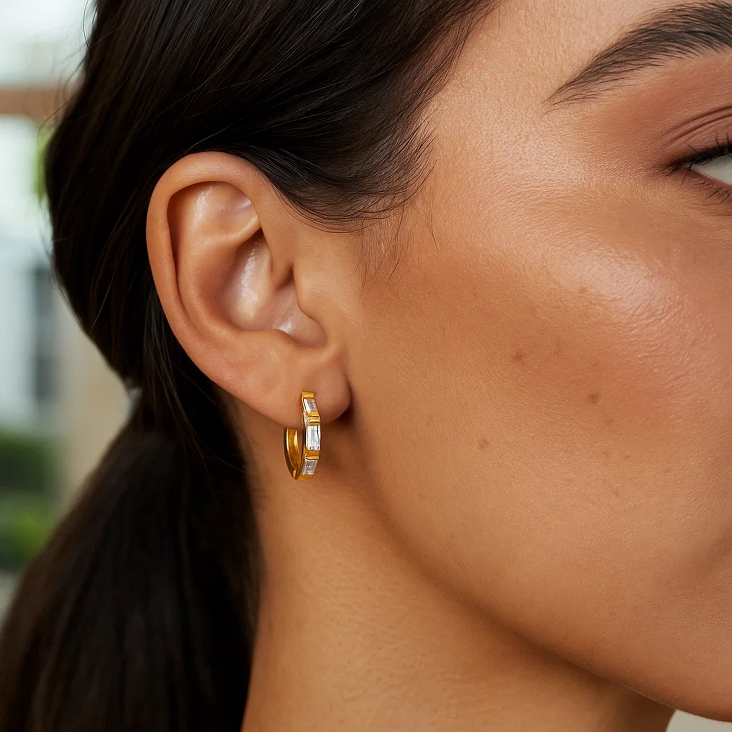 14k Yellow Gold Petite Octagonal Hoop Earrings with Cubic Zirconias - Image 3