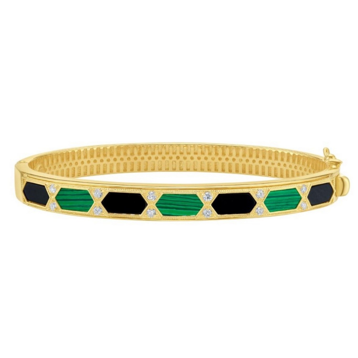 14K Yellow Gold Black And Green Art Deco Hexagon Bangle (6.00 mm) - Image 3
