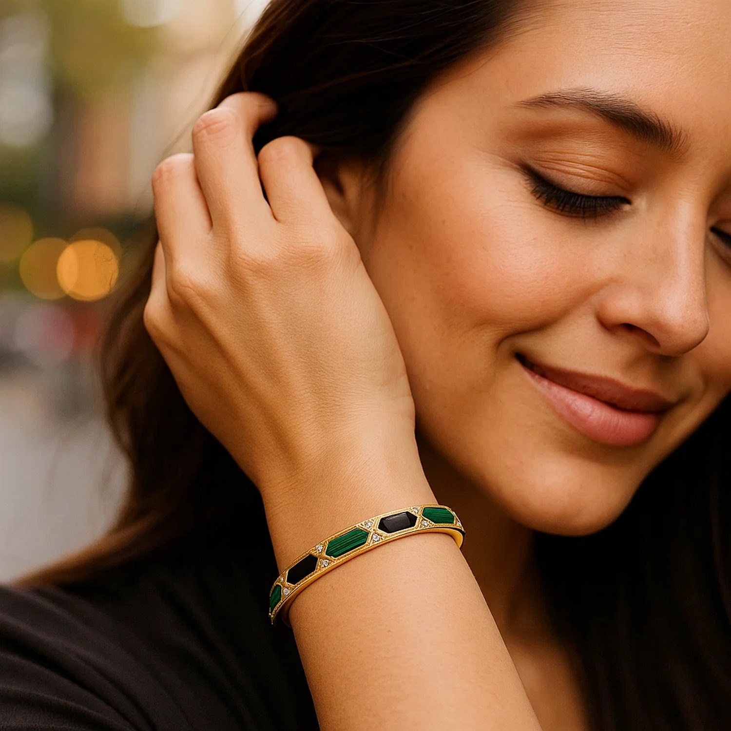 14K Yellow Gold Black And Green Art Deco Hexagon Bangle (6.00 mm) - Image 4