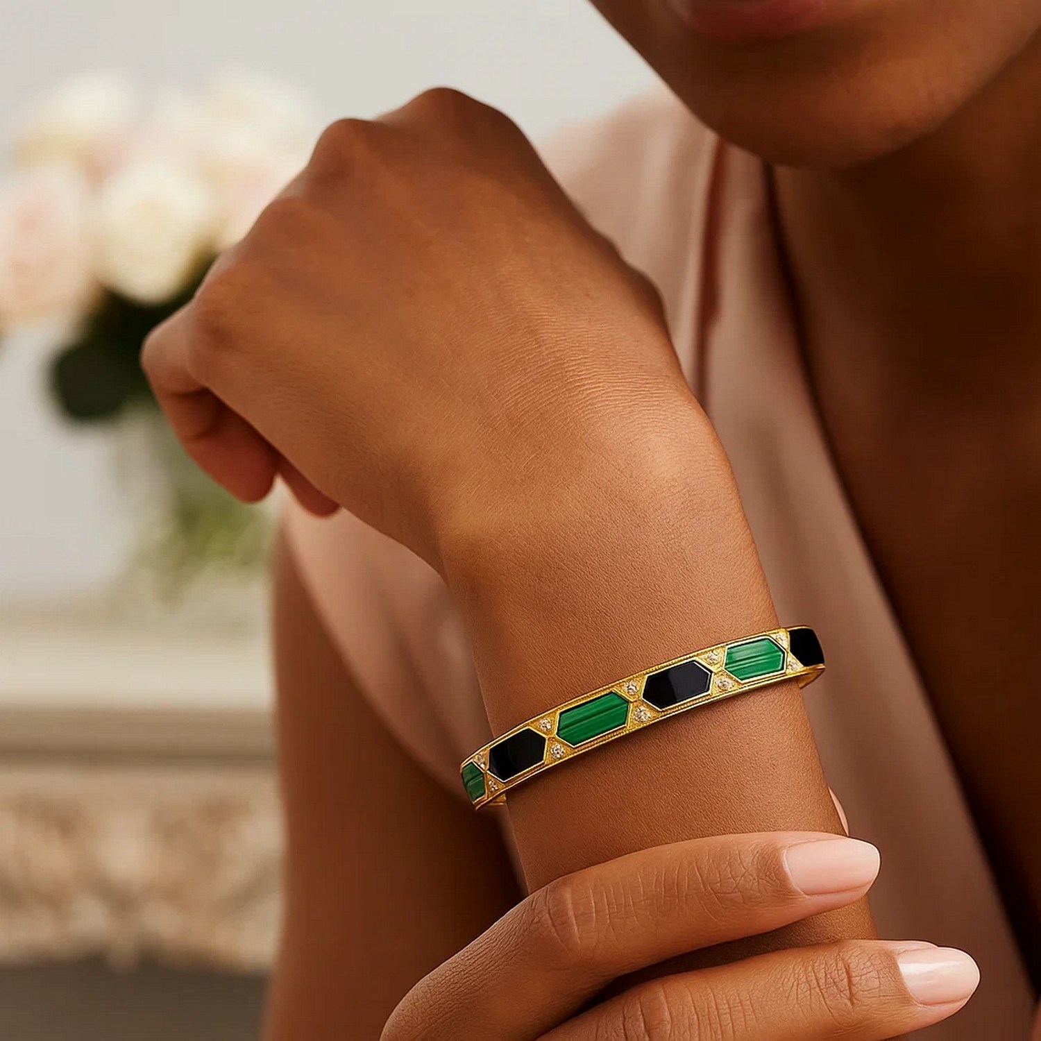 14K Yellow Gold Black And Green Art Deco Hexagon Bangle (6.00 mm) - Image 5