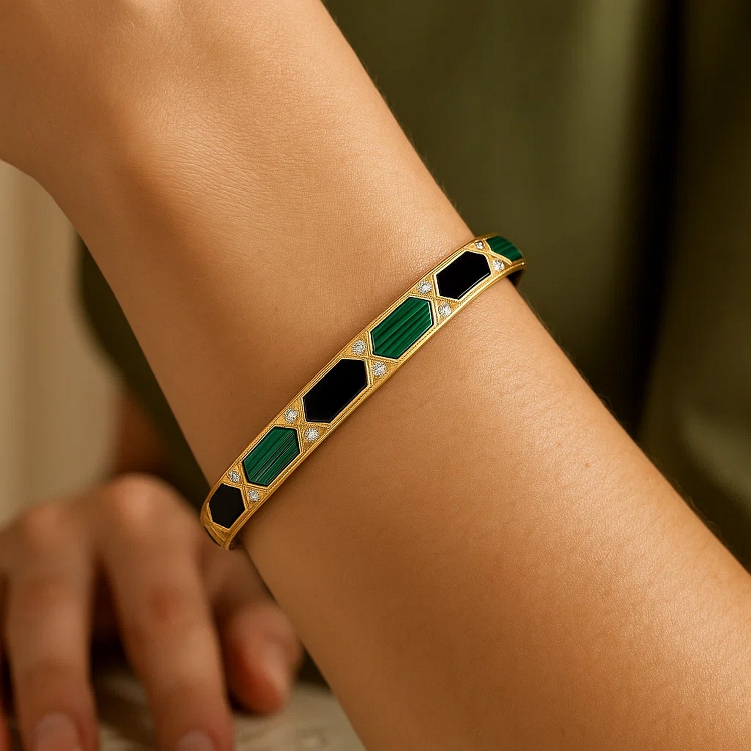 14K Yellow Gold Black And Green Art Deco Hexagon Bangle (6.00 mm) - Image 6
