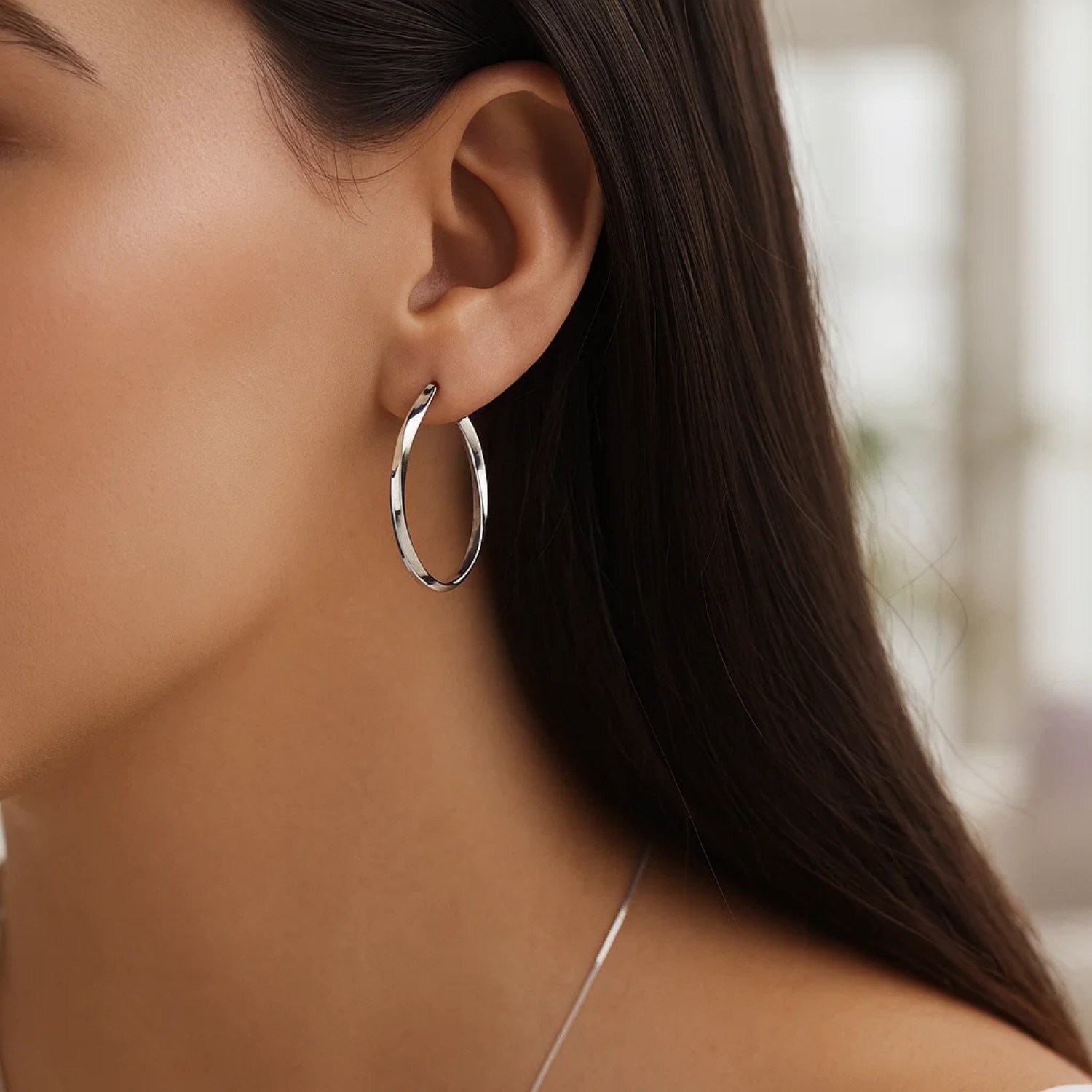 14k White Gold Mobius Twisted Hoop Earrings(1.5x50mm) - Image 2