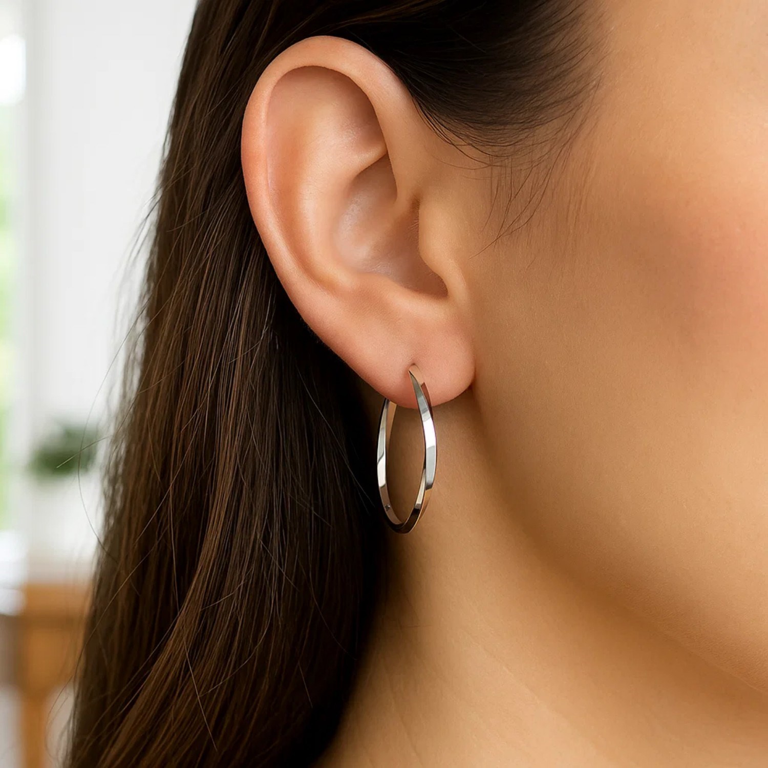 14k White Gold Mobius Twisted Hoop Earrings(1.5x50mm) - Image 3