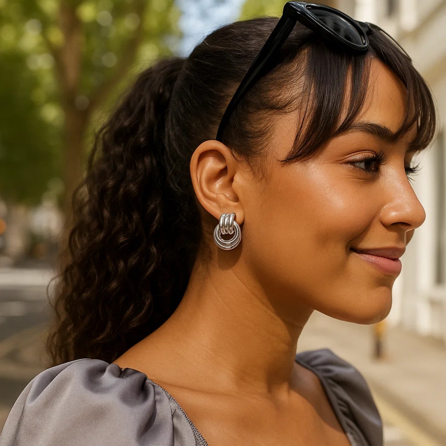 Sterling Silver Triple Door Knocker Hoop Earrings - Image 3