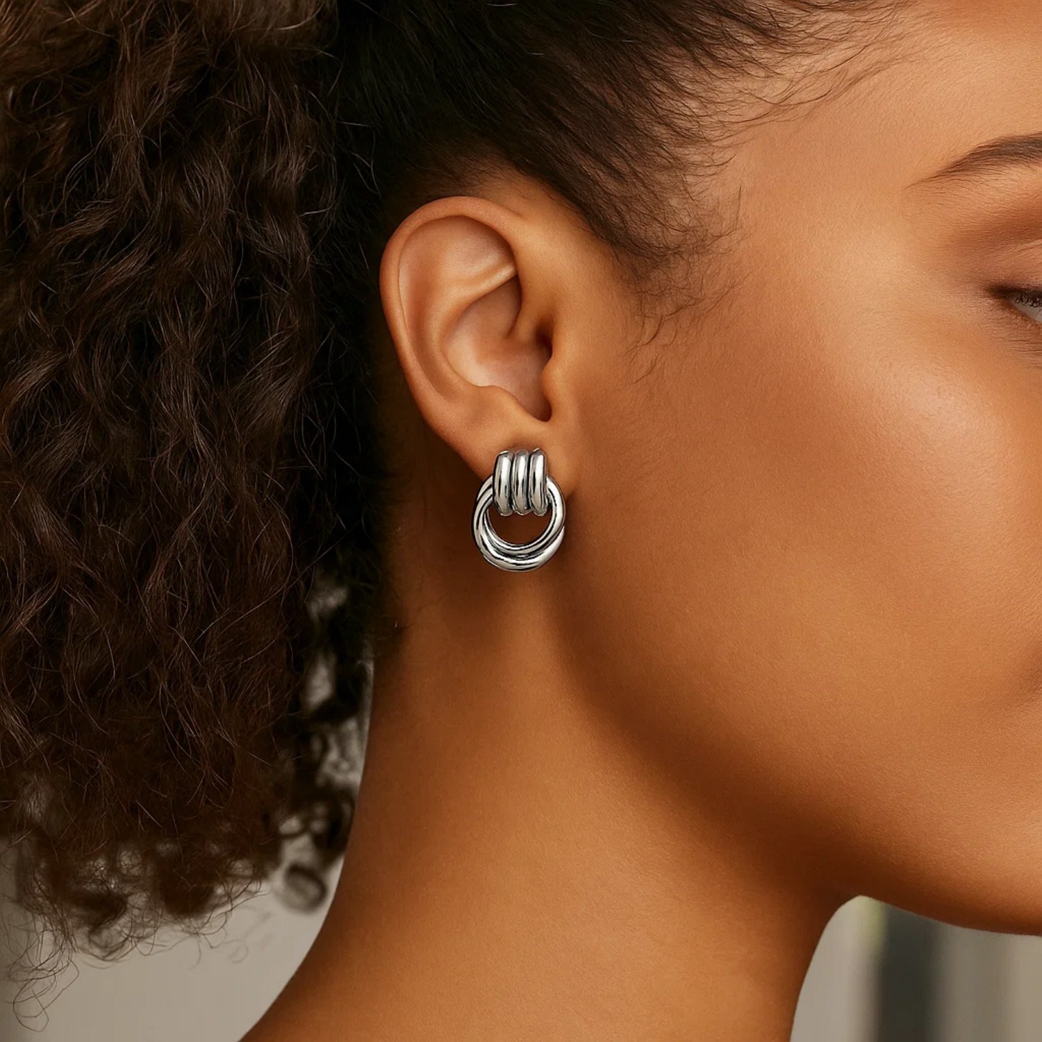 Sterling Silver Triple Door Knocker Hoop Earrings - Image 4