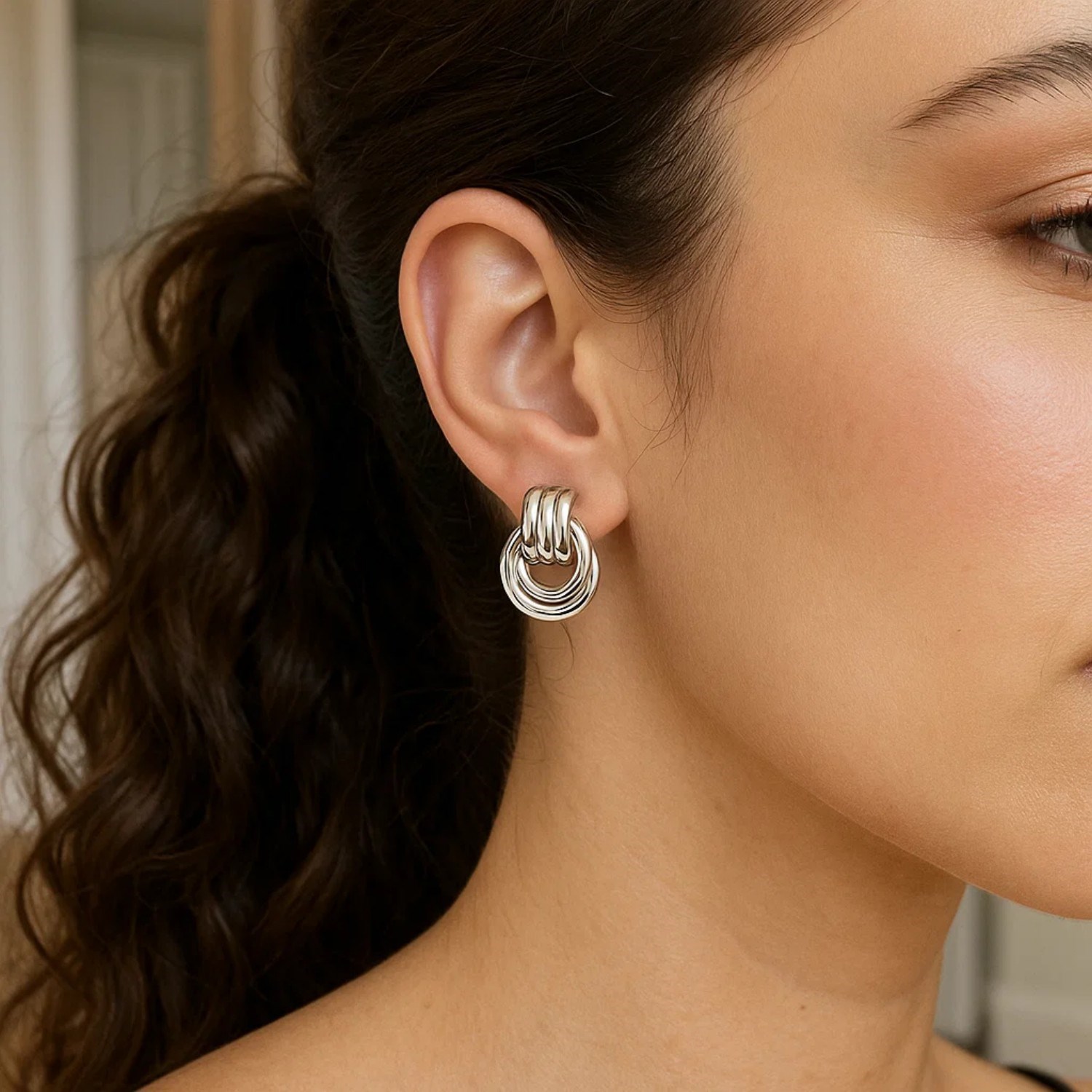 Sterling Silver Triple Door Knocker Hoop Earrings - Image 5