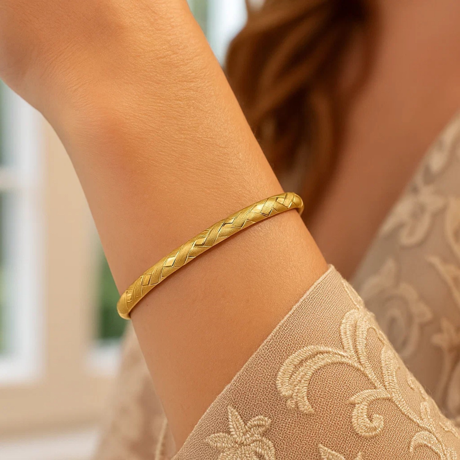 14k Yellow Gold Domed Bangle with a Weave Motif (6.00 mm) - Image 5