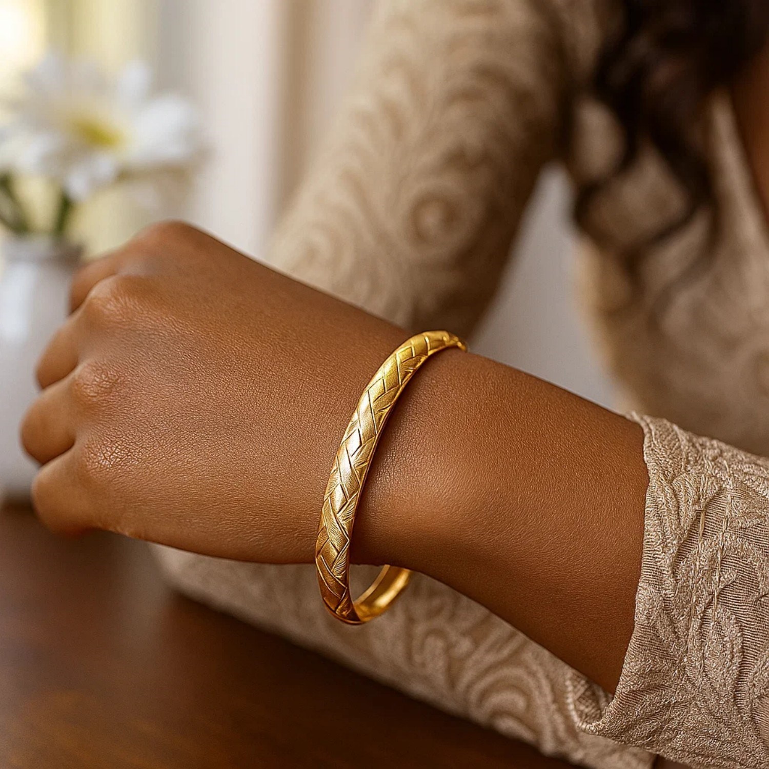 14k Yellow Gold Domed Bangle with a Weave Motif (6.00 mm) - Image 6
