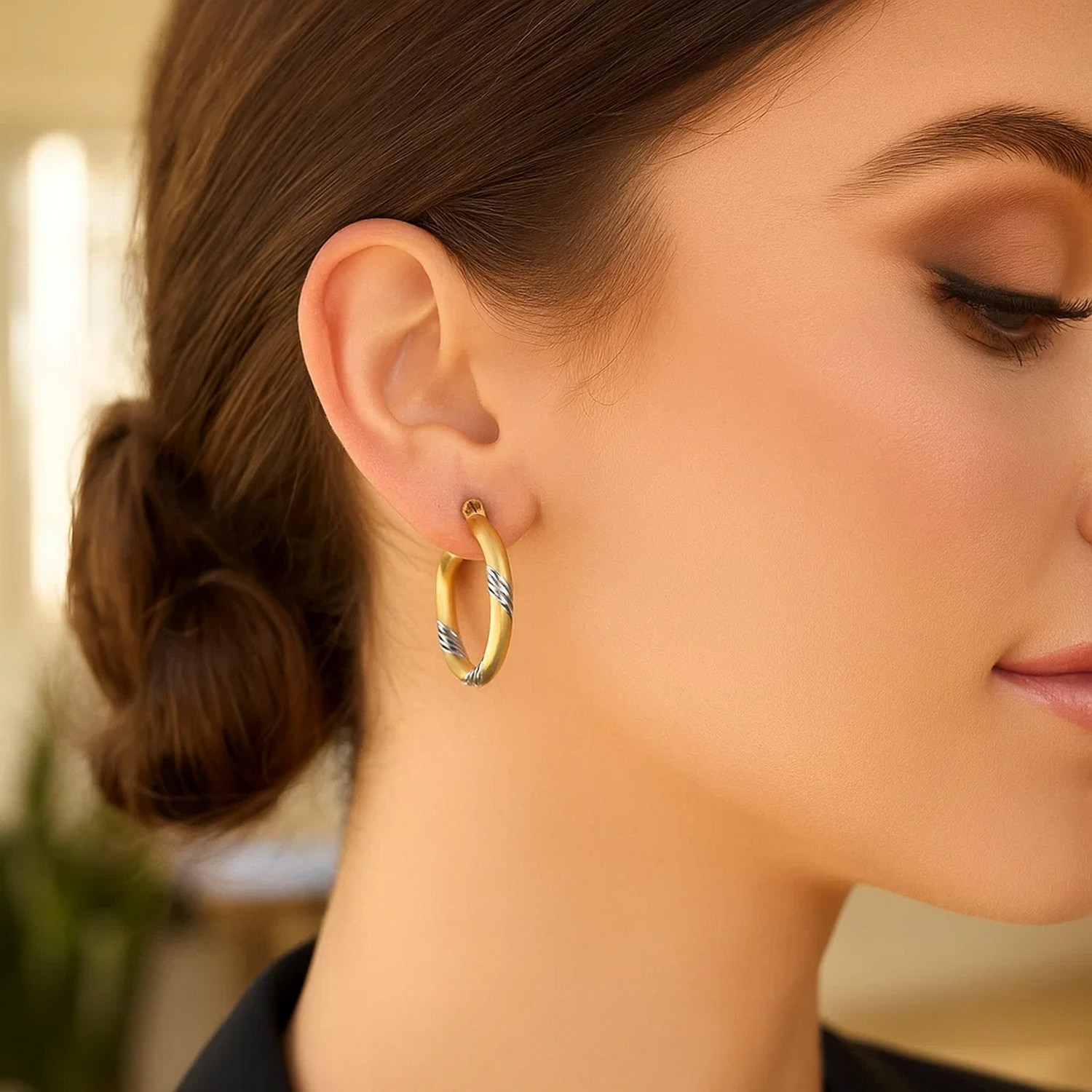 14k Two Tone Gold Polished Hoop Earrings (3x20mm) - Image 2