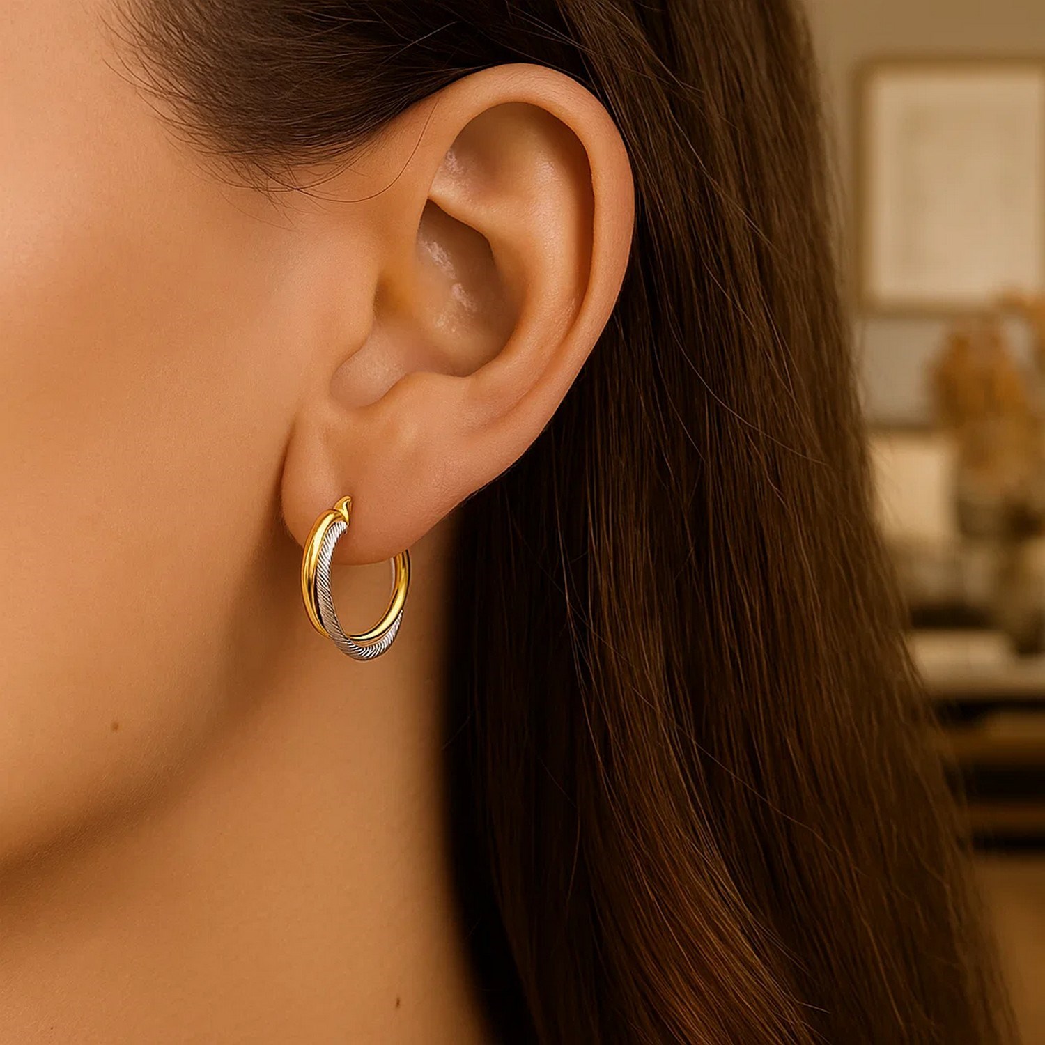 14k Two Tone Gold Double Polished and Textured Hoop Earrings - Image 2