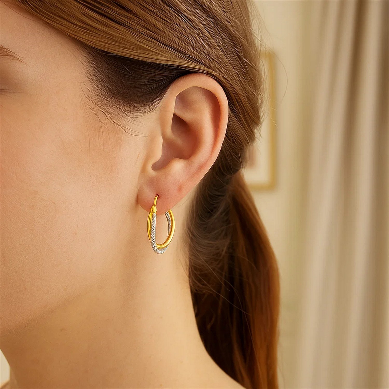 14k Two Tone Gold Double Polished and Textured Hoop Earrings - Image 3