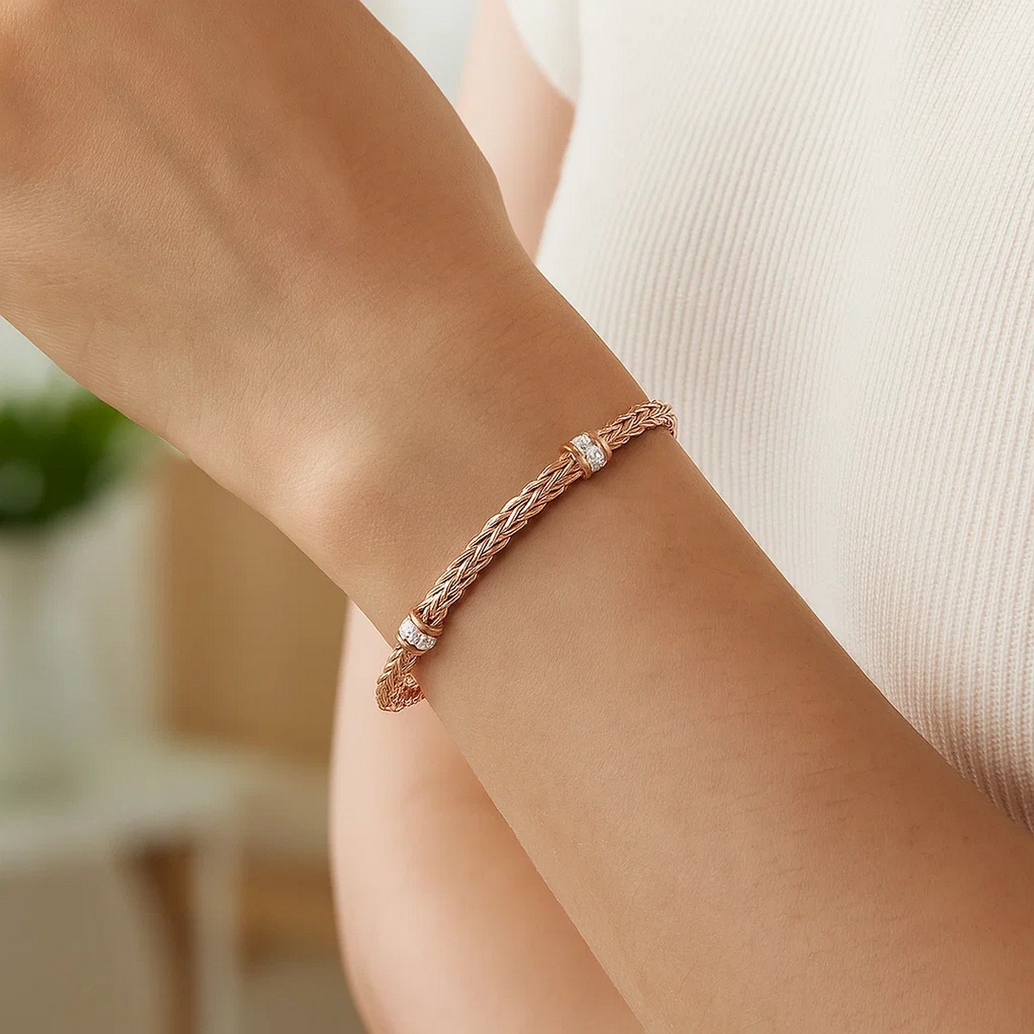 Polished Woven Rope Bracelet with Diamond Accents in 14k Rose Gold - Image 2