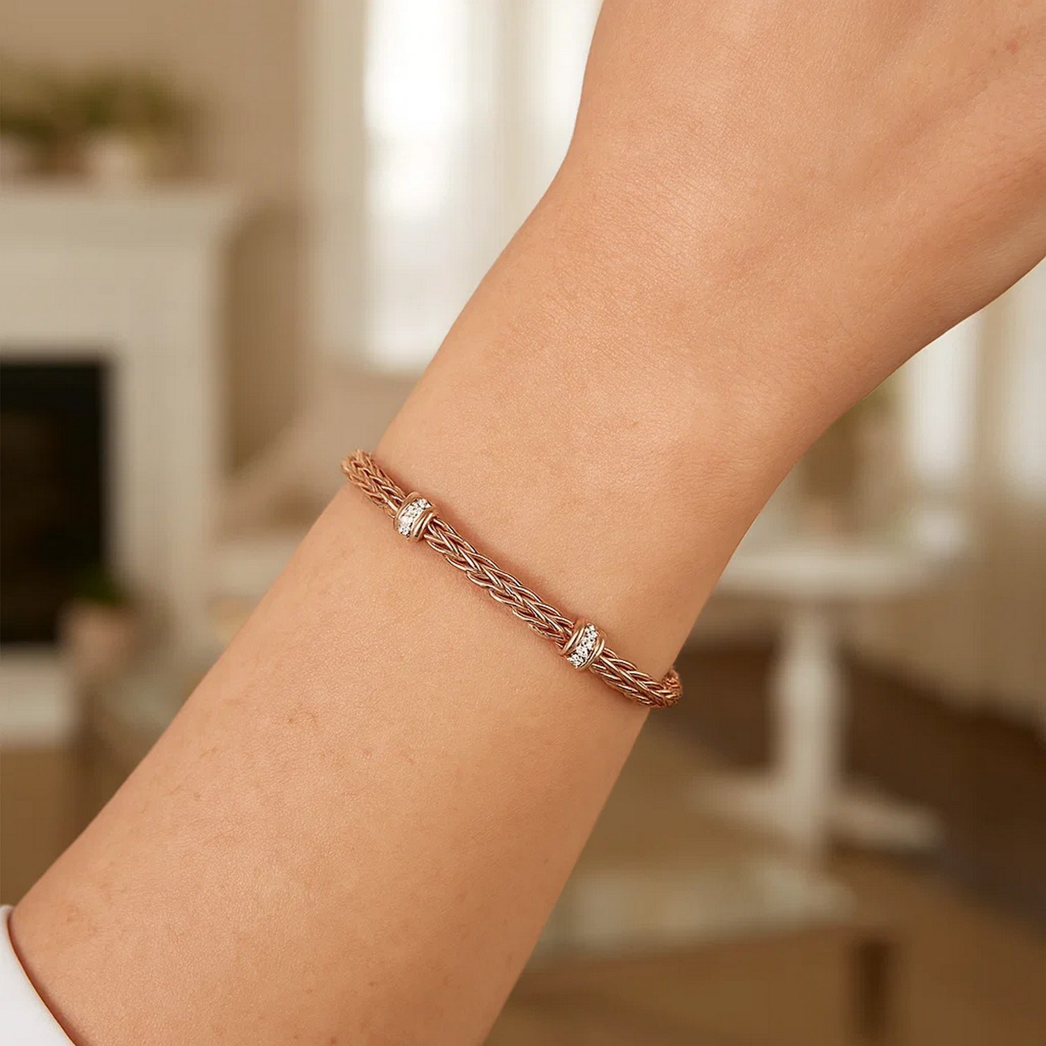 Polished Woven Rope Bracelet with Diamond Accents in 14k Rose Gold - Image 3