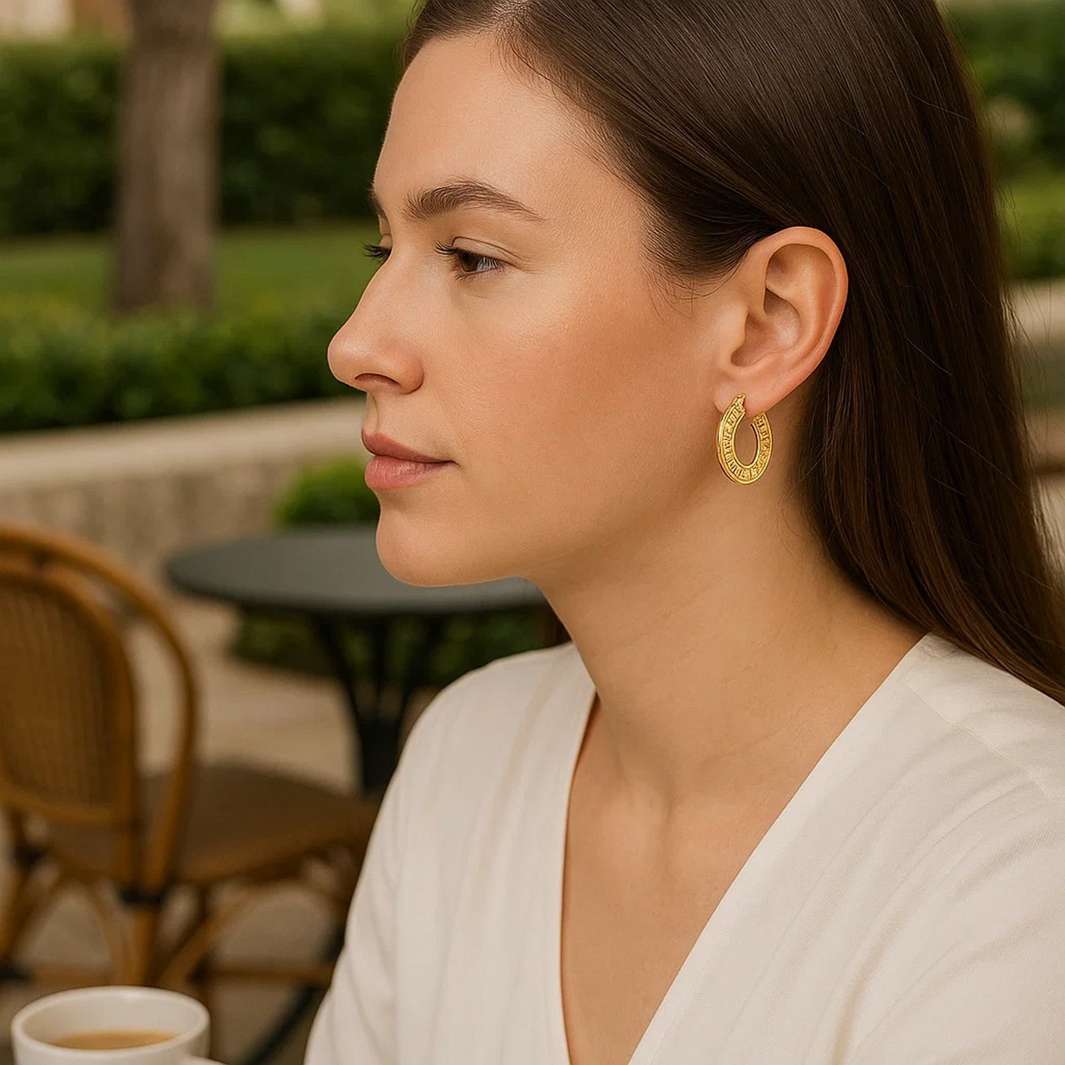 10k Yellow Gold Greek Key Small Hoop Earrings - Image 3