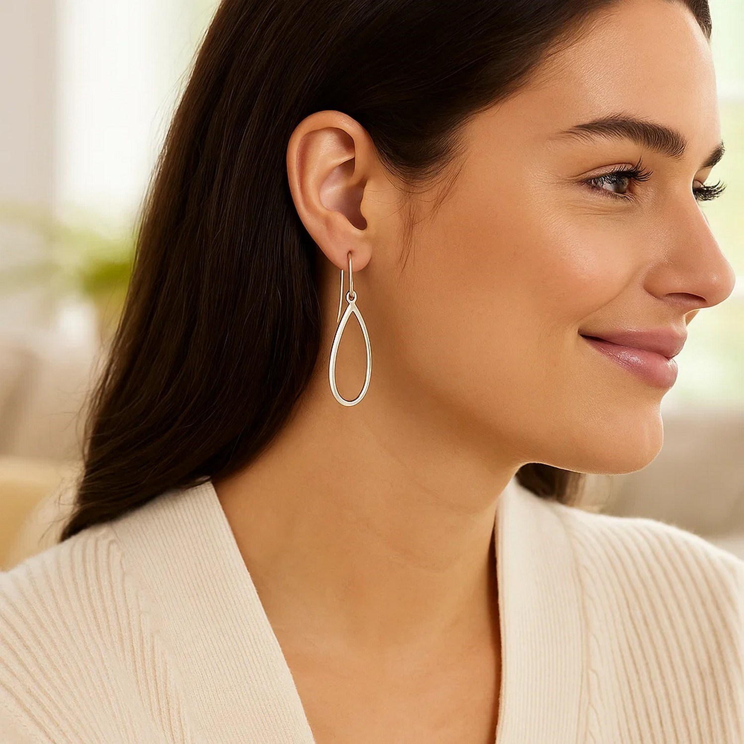 14k White Gold Earrings with Polished Open Teardrop Dangles - Image 2