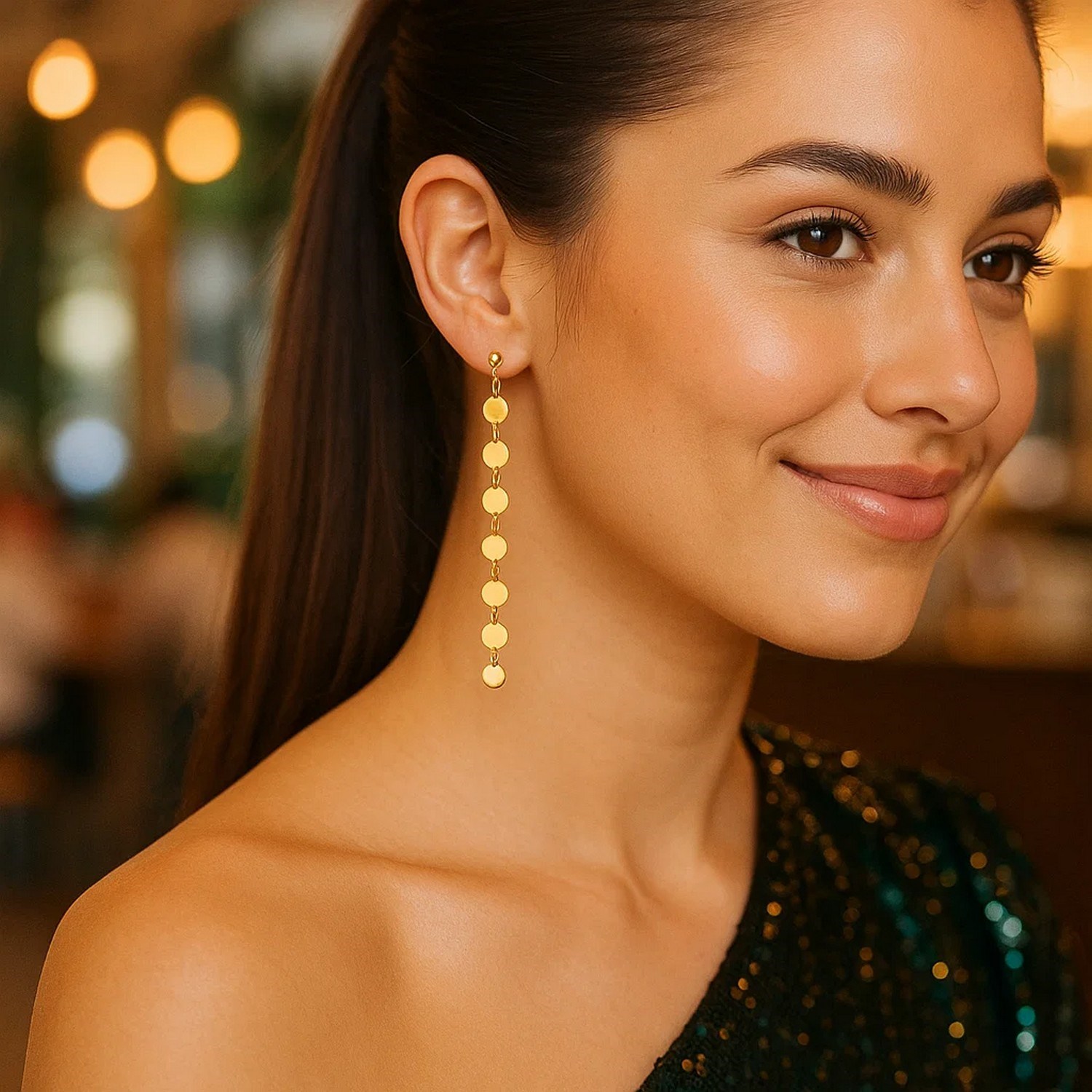14k Yellow Gold Post Dangle Earrings with Polished Circles - Image 2