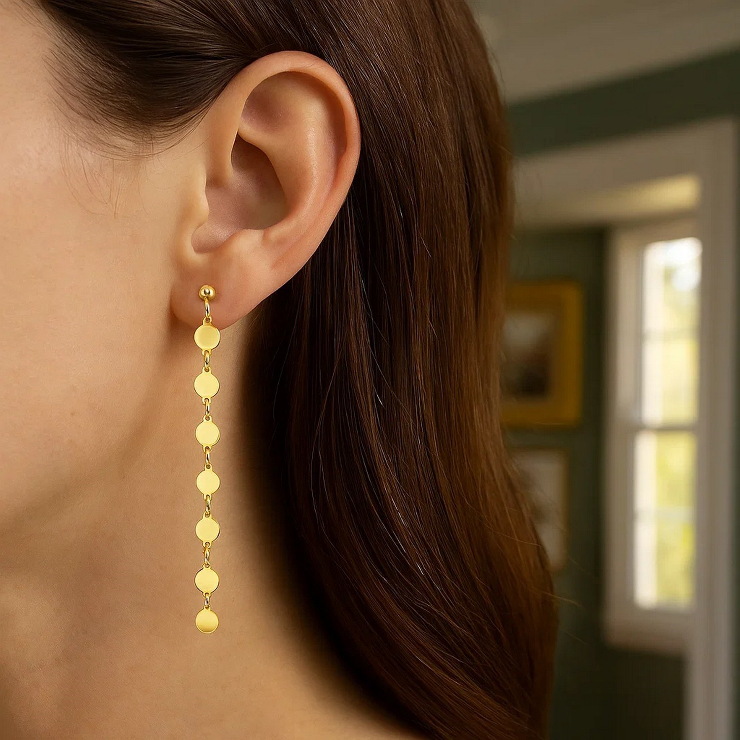 14k Yellow Gold Post Dangle Earrings with Polished Circles - Image 3