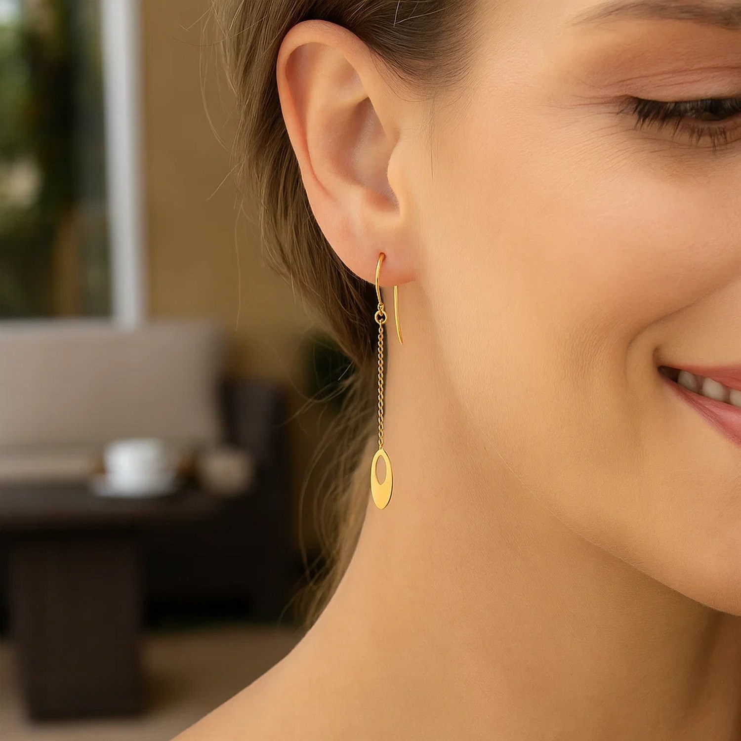 14k Yellow Gold Cutout Oval Chain Dangling Earrings - Image 3