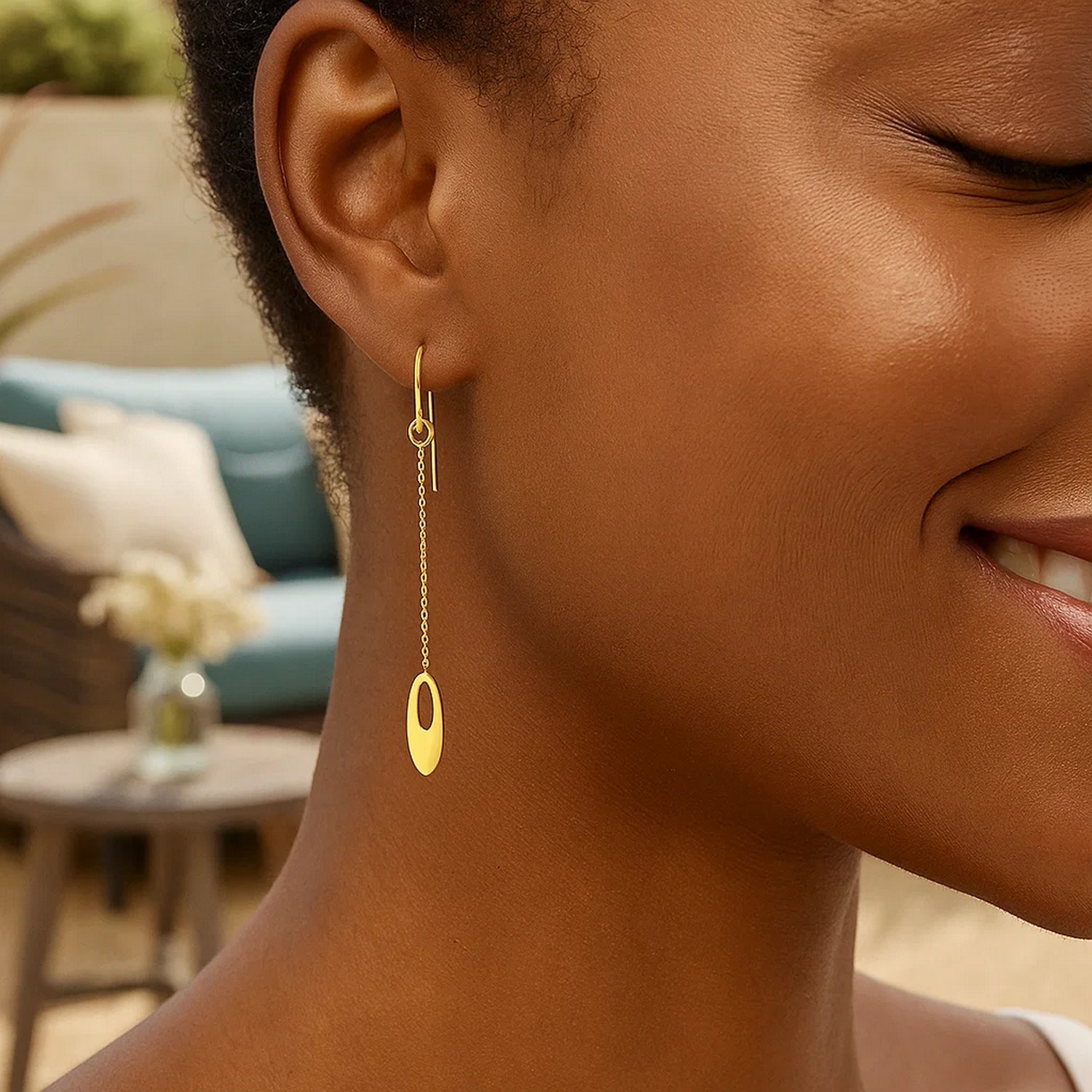 14k Yellow Gold Cutout Oval Chain Dangling Earrings - Image 4