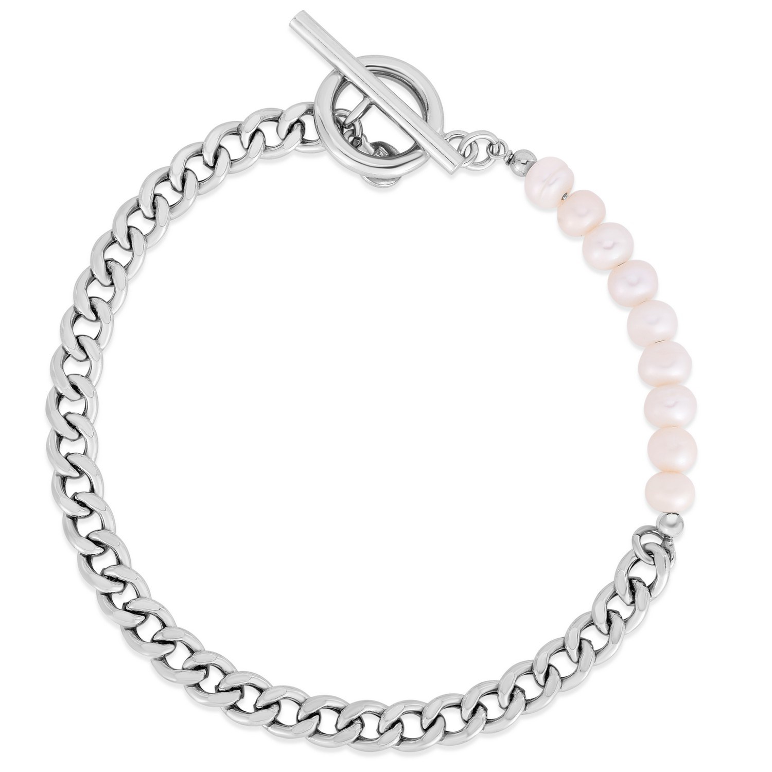 Sterling Silver Rhodium Plated Pearl Pearl Curb Toggle Bracelet (4.50 mm) - Image 3