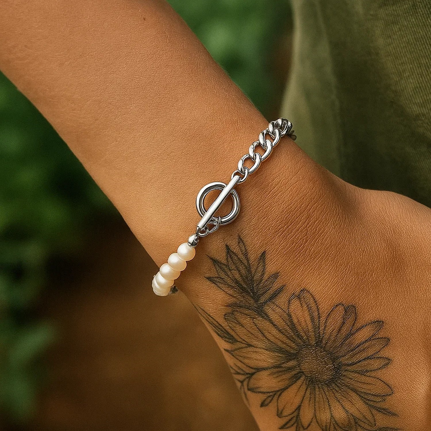 Sterling Silver Rhodium Plated Pearl Pearl Curb Toggle Bracelet (4.50 mm) - Image 4