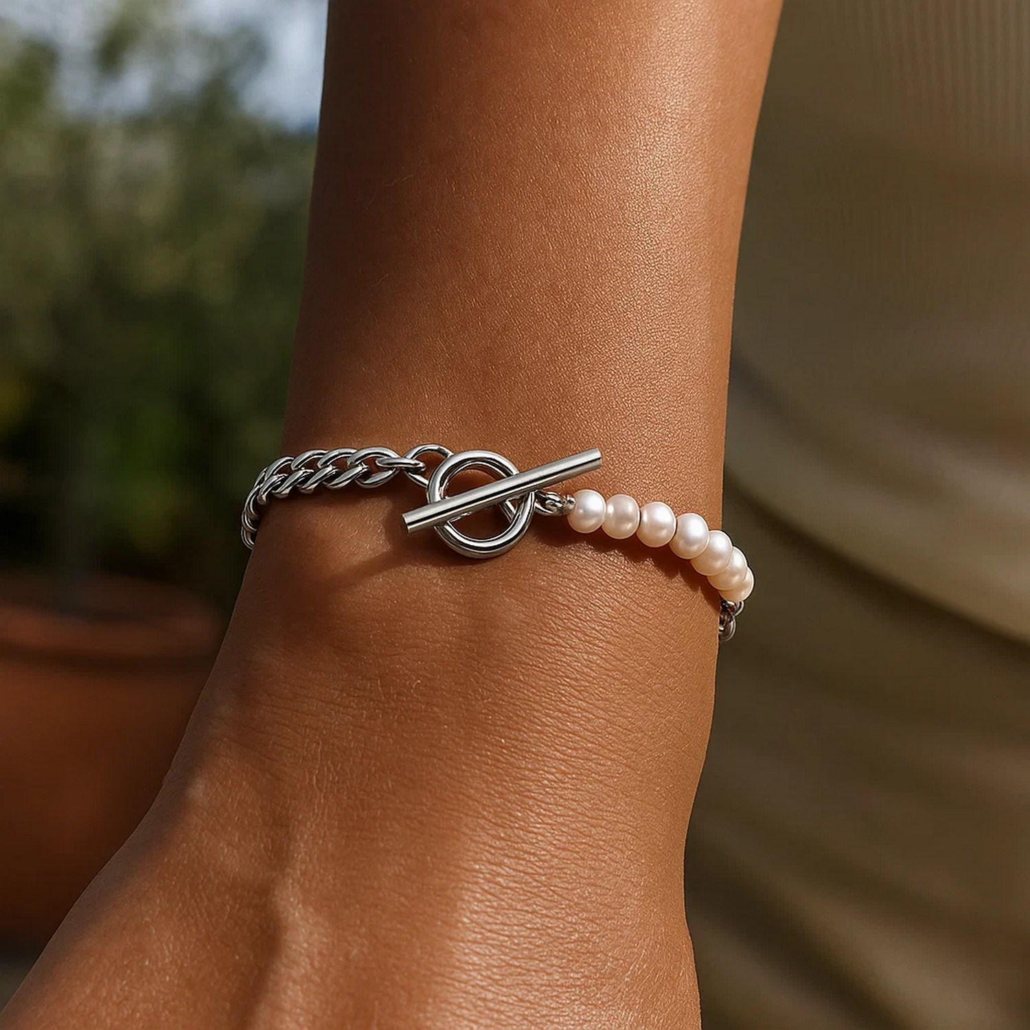 Sterling Silver Rhodium Plated Pearl Pearl Curb Toggle Bracelet (4.50 mm) - Image 6