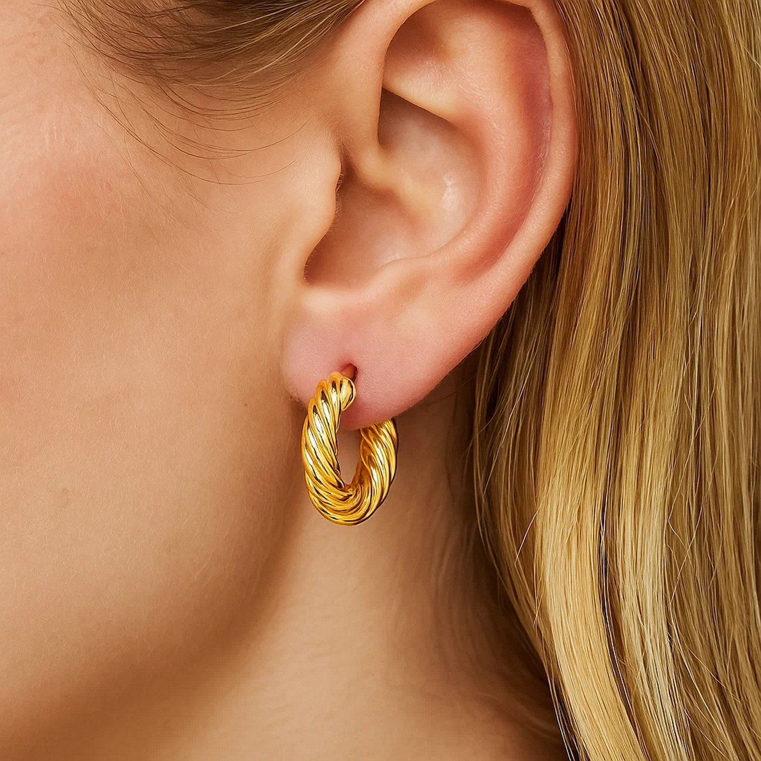 14k Yellow Gold Twisted Cable Small Hoop Earrings(4x17.6mm) - Image 2