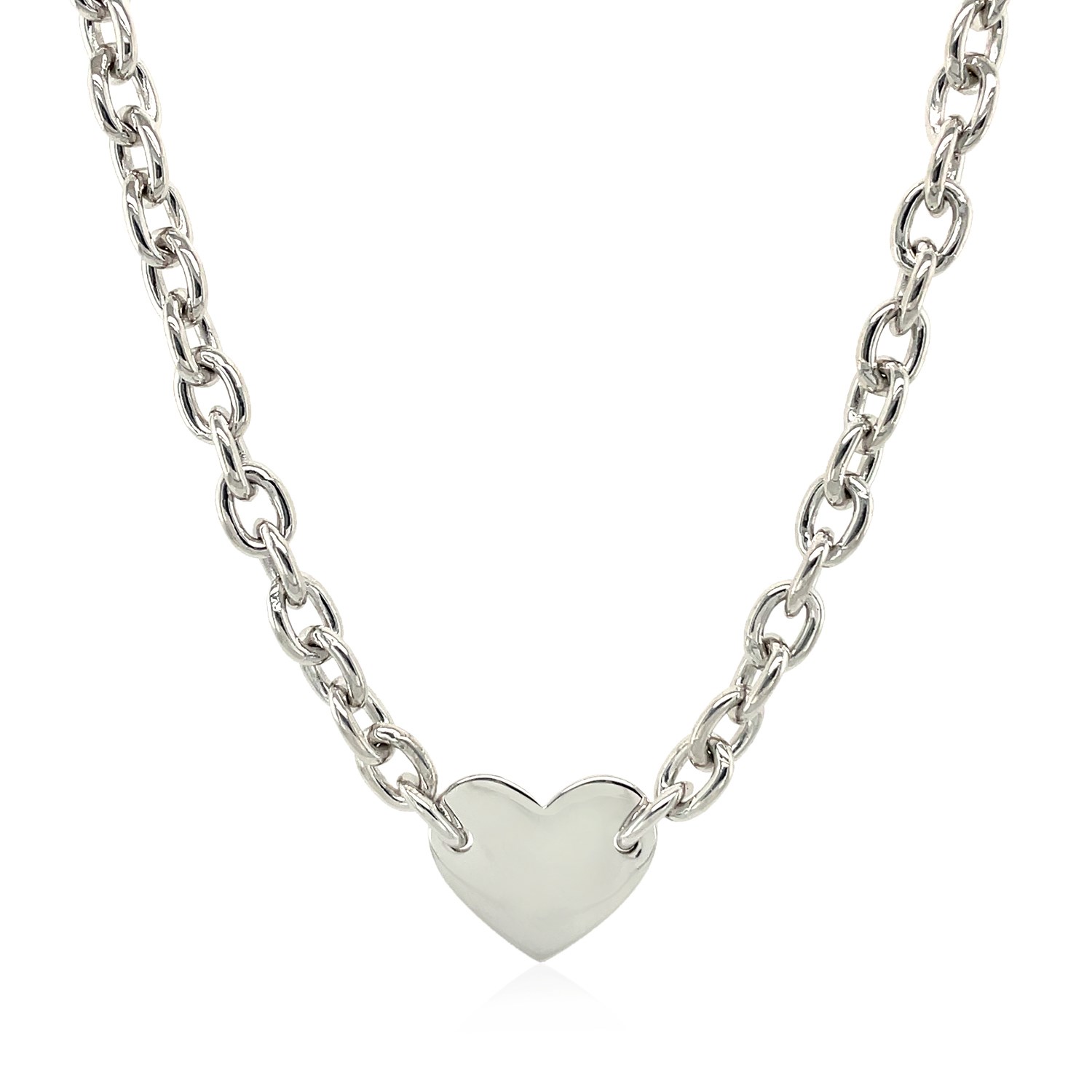 Sterling Silver Rhodium Plated Chain Bracelet with a Flat Heart Motif Station - Image 2