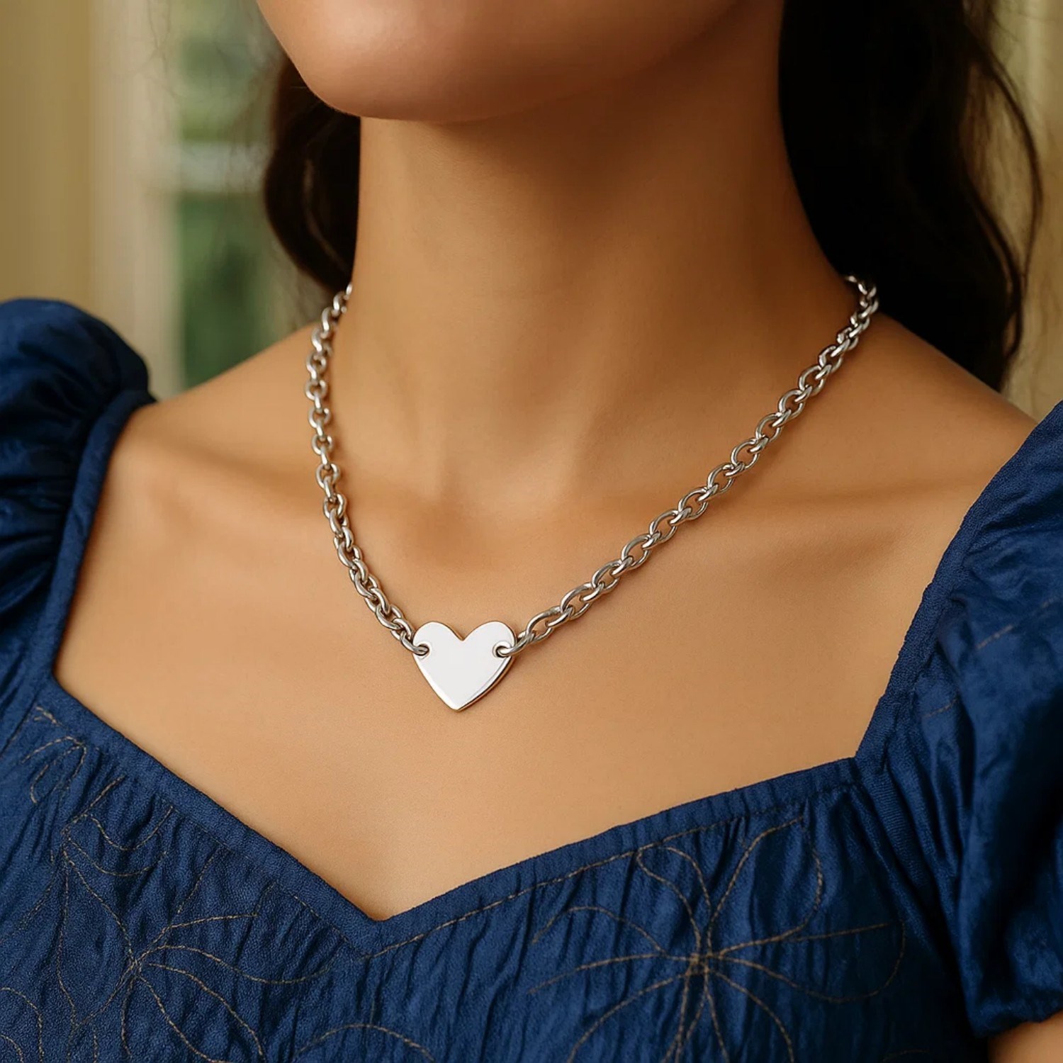 Sterling Silver Rhodium Plated Chain Bracelet with a Flat Heart Motif Station - Image 5