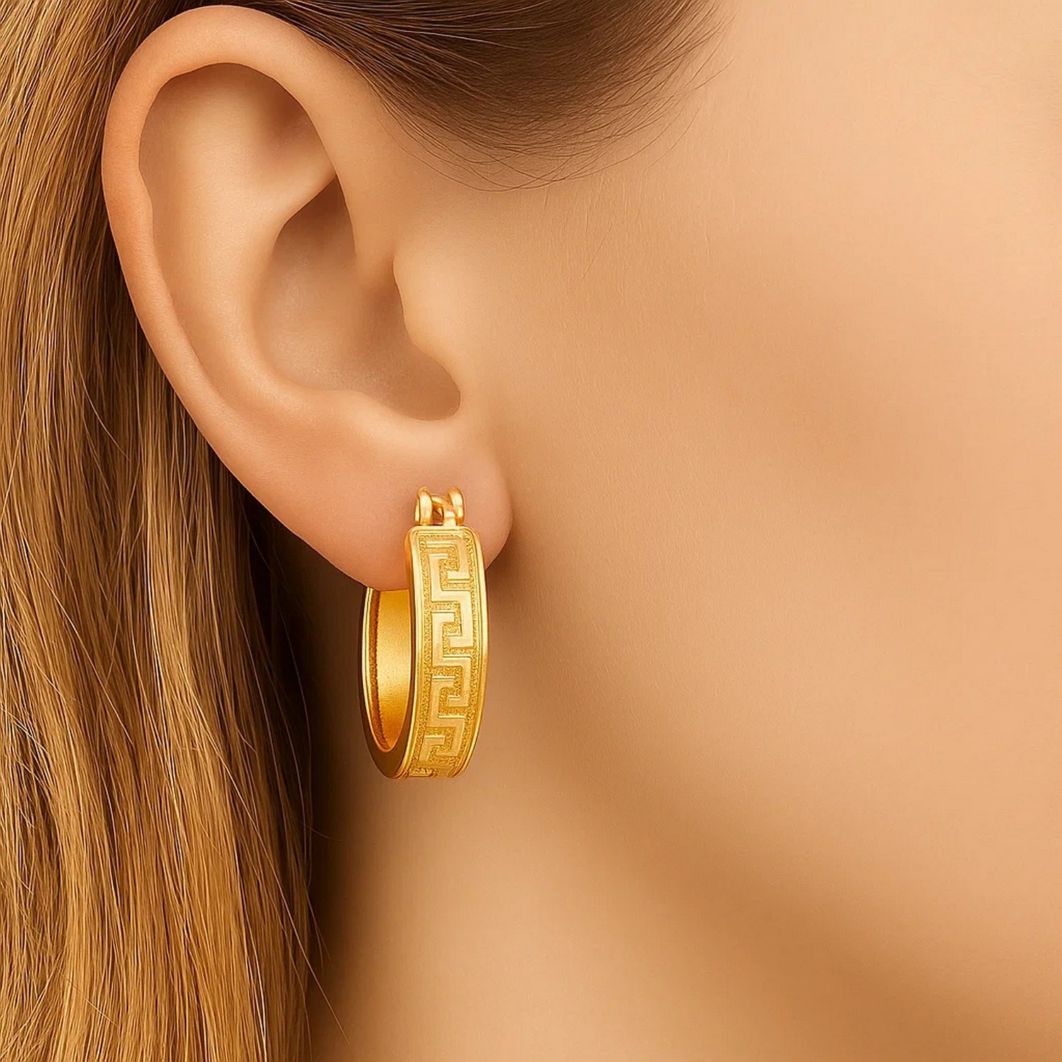 14k Yellow Gold Greek Key Small Hoop Earrings - Image 2