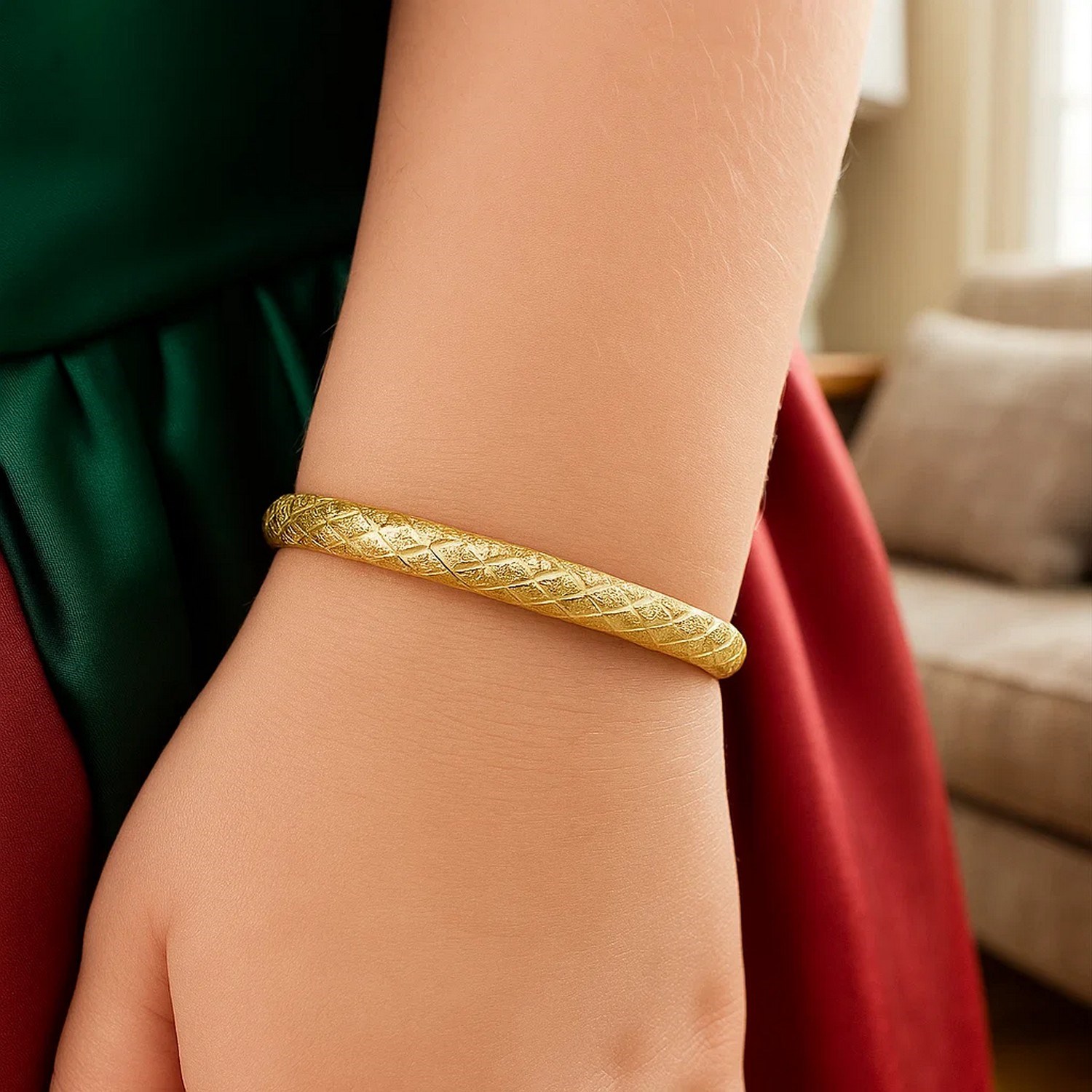 14k Yellow Gold Diamond Cut Design Dome Motif Childrens Bangle (5.50 mm) - Image 5