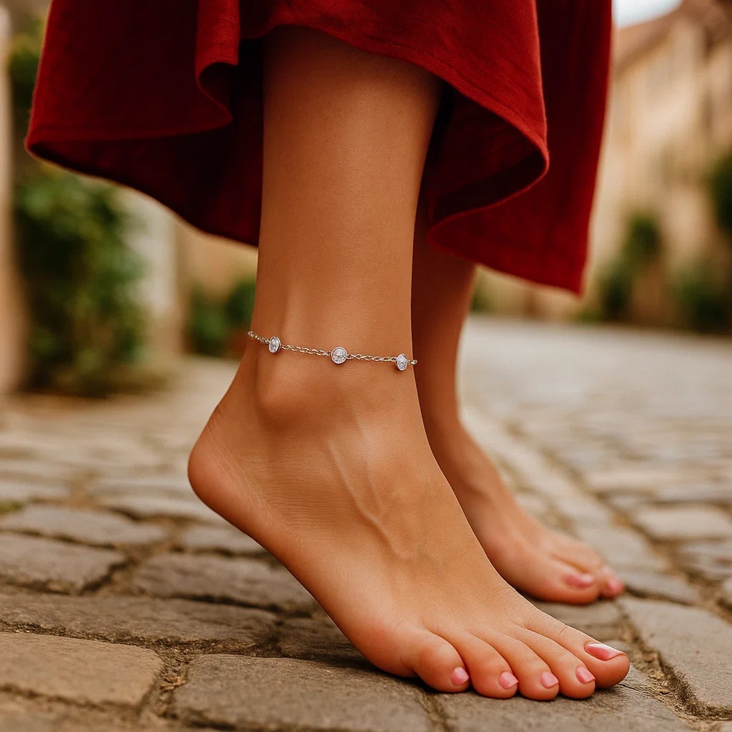 14k White Gold Anklet with Round White Cubic Zirconia - Image 4