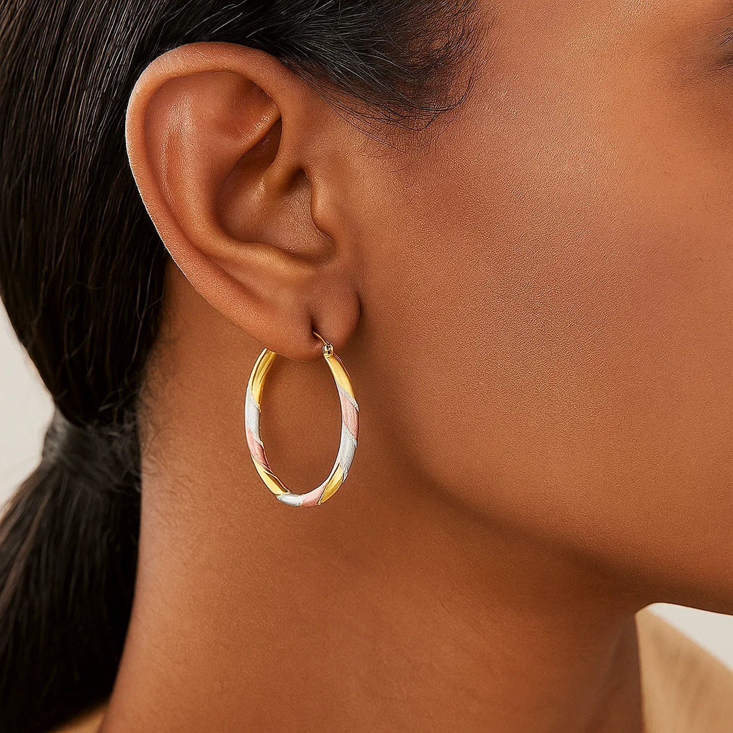 14k Tri-Color Textured Hoop Earrings (2x22mm) - Image 4