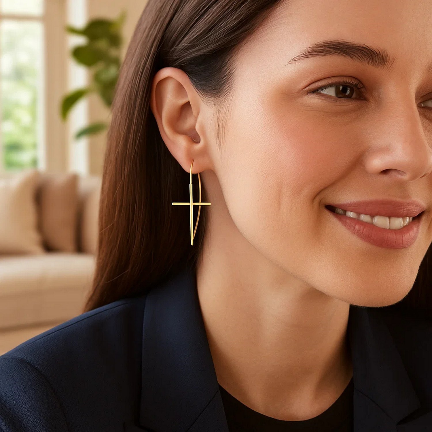 14K Yellow Gold Cross Thread Drop Earrings - Image 2